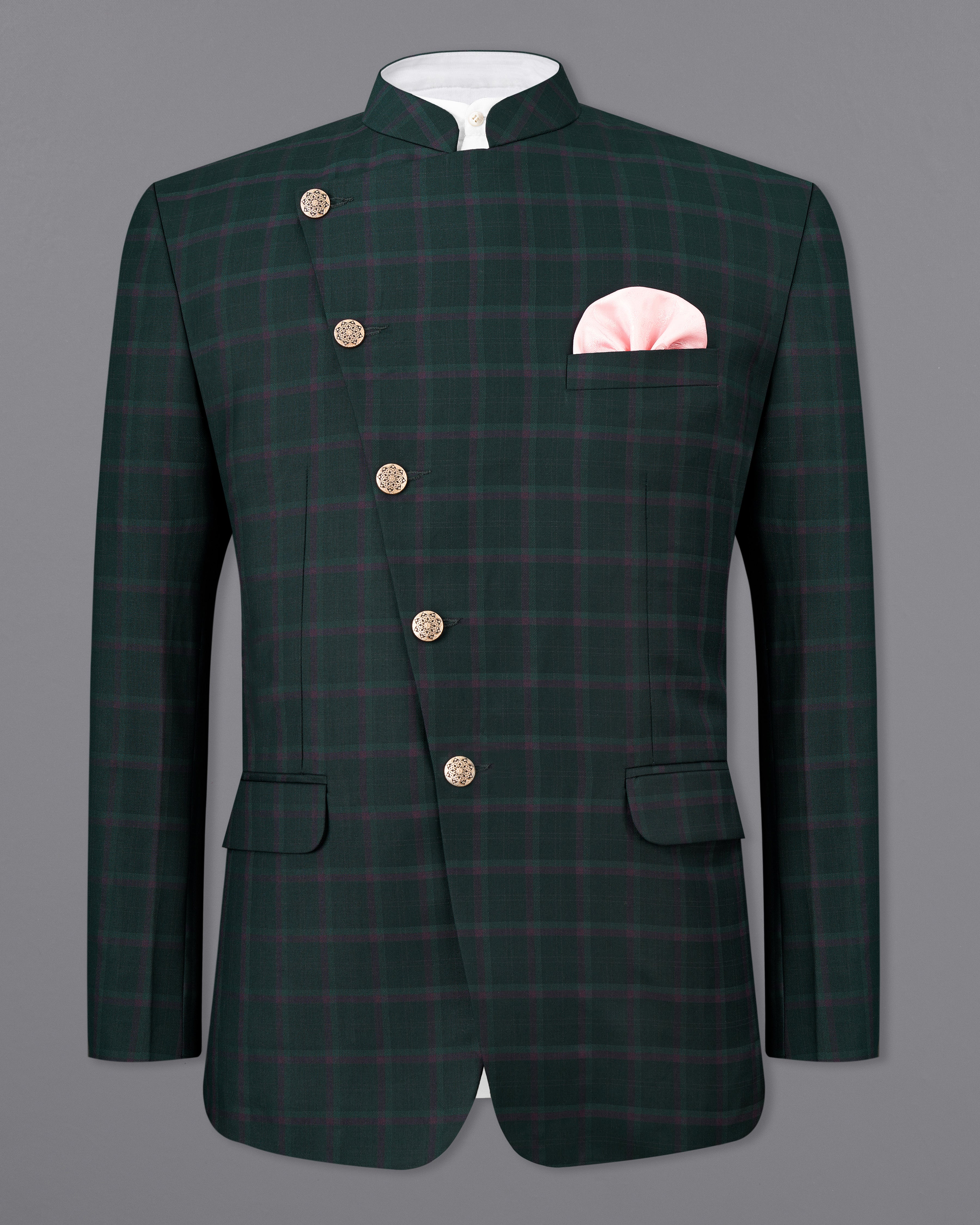 Timber Green Plaid Cross-Buttoned Bandhgala Blazer BL2484-CBG-36, BL2484-CBG-38, BL2484-CBG-40, BL2484-CBG-42, BL2484-CBG-44, BL2484-CBG-46, BL2484-CBG-48, BL2484-CBG-50, BL2484-CBG-52, BL2484-CBG-54, BL2484-CBG-56, BL2484-CBG-58, BL2484-CBG-60