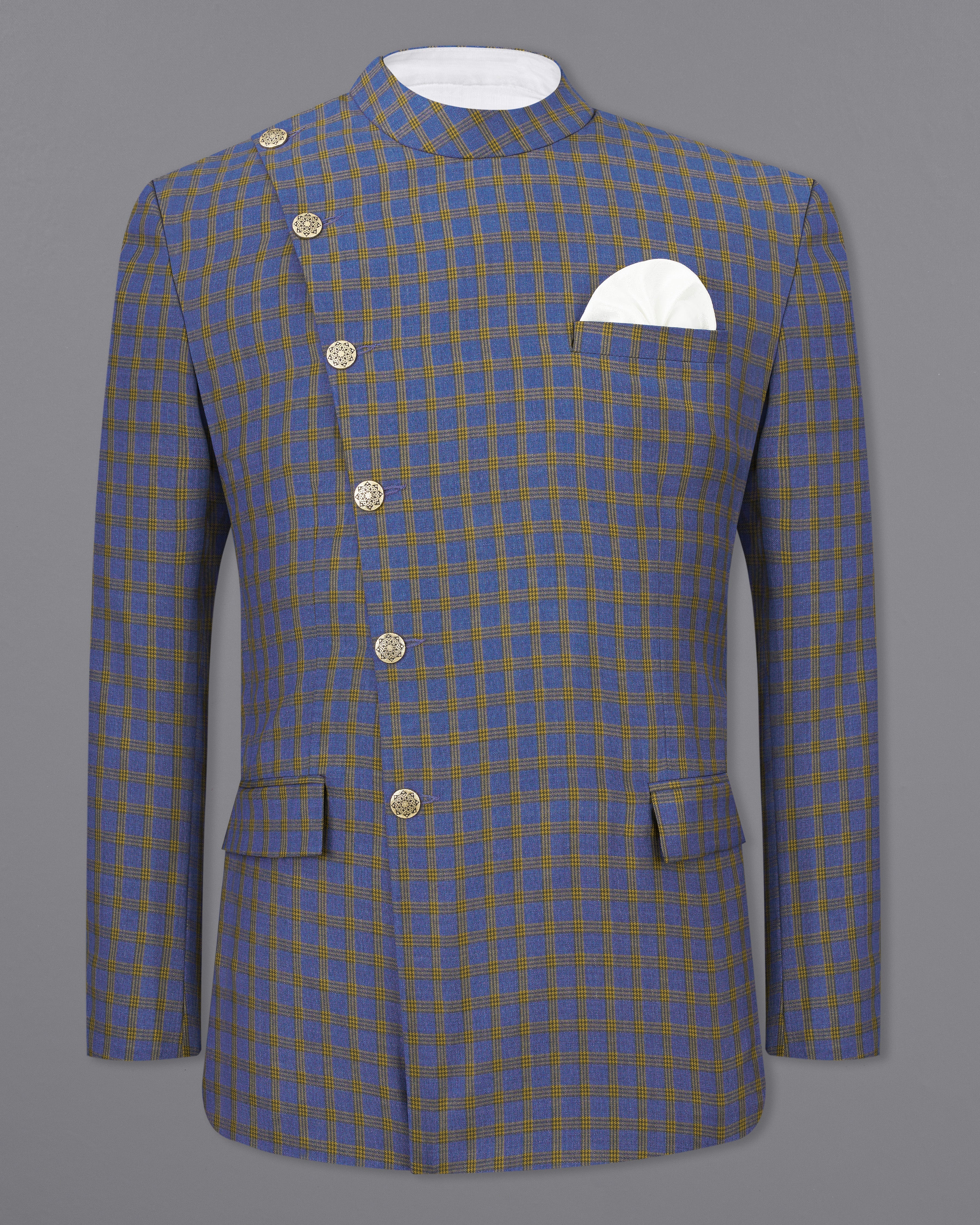 Twilight Blue with Alpine Brown Plaid Cross Buttoned Bandhgala Blazer BL2488-CBG2-36, BL2488-CBG2-38, BL2488-CBG2-40, BL2488-CBG2-42, BL2488-CBG2-44, BL2488-CBG2-46, BL2488-CBG2-48, BL2488-CBG2-50, BL2488-CBG2-52, BL2488-CBG2-54, BL2488-CBG2-56, BL2488-CBG2-58, BL2488-CBG2-60