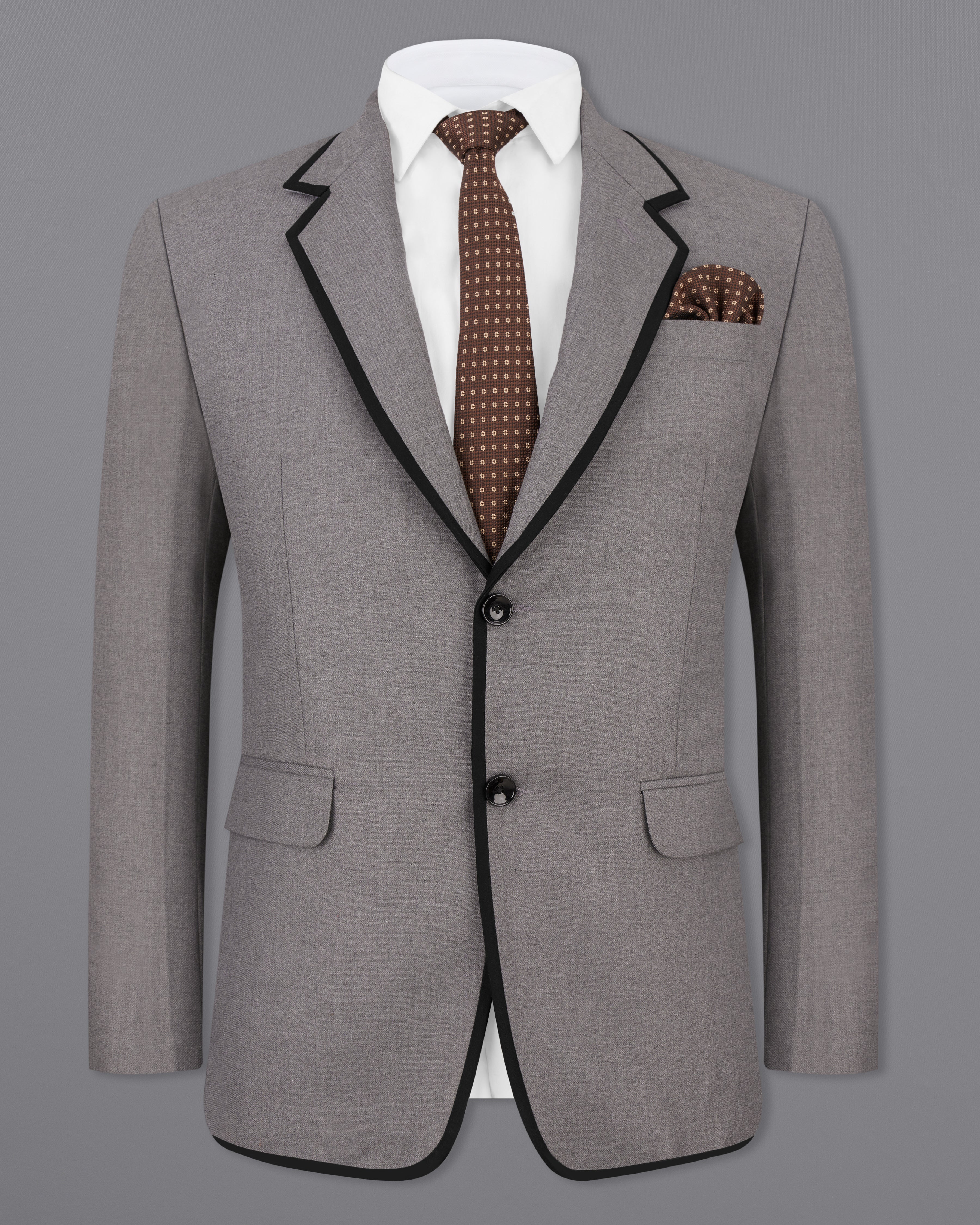 Feroda Gray with Black Piping Work Wool Rich Designer Blazer BL2506-SB-D256-36, BL2506-SB-D256-38, BL2506-SB-D256-40, BL2506-SB-D256-42, BL2506-SB-D256-44, BL2506-SB-D256-46, BL2506-SB-D256-48, BL2506-SB-D256-50, BL2506-SB-D256-52, BL2506-SB-D256-54, BL2506-SB-D256-56, BL2506-SB-D256-58, BL2506-SB-D256-60