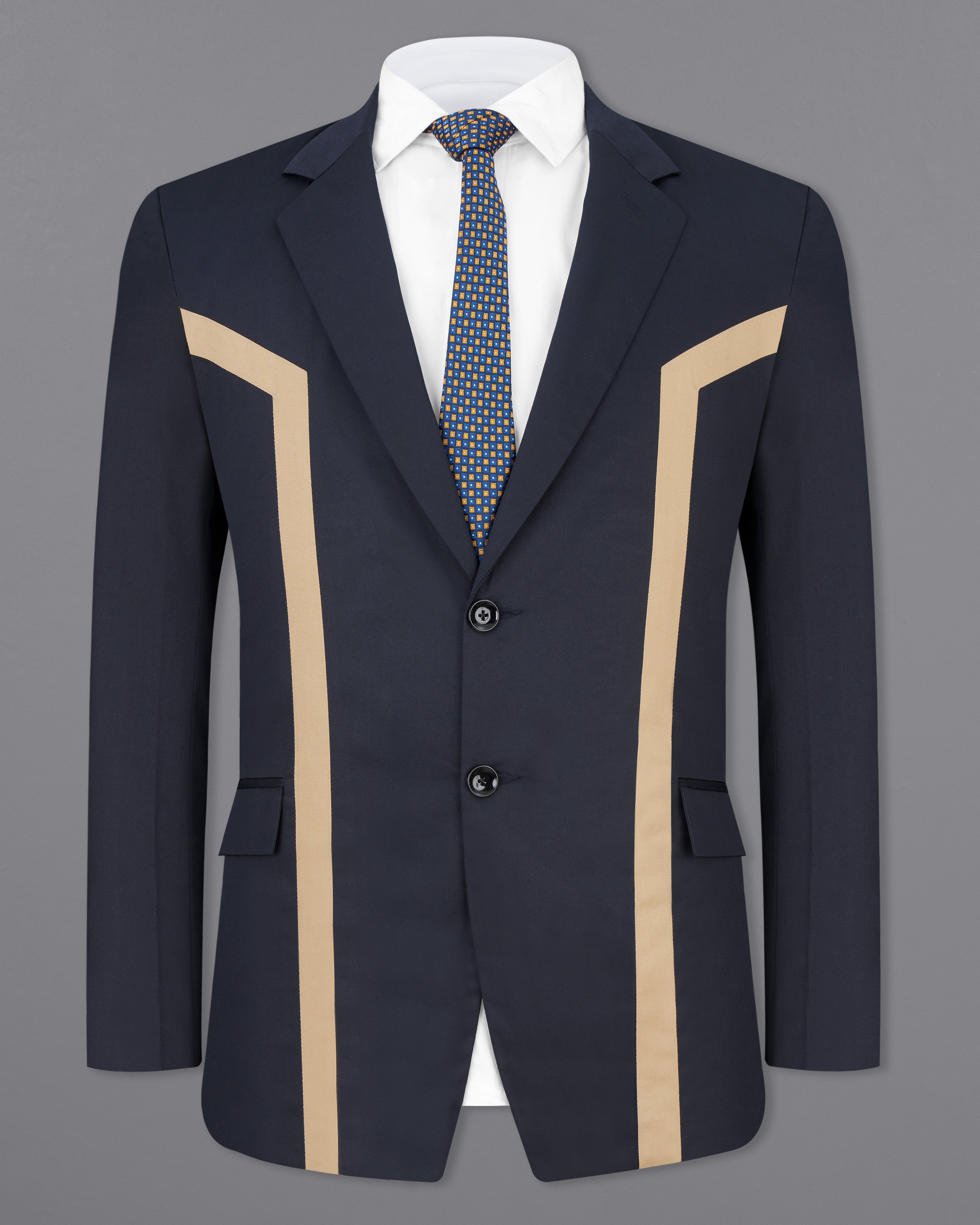 Thunder Navy Blue with Brown Patch Work Premium Cotton Designer Blazer BL2509-SB-D229-36, BL2509-SB-D229-38, BL2509-SB-D229-40, BL2509-SB-D229-42, BL2509-SB-D229-44, BL2509-SB-D229-46, BL2509-SB-D229-48, BL2509-SB-D229-50, BL2509-SB-D229-52, BL2509-SB-D229-54, BL2509-SB-D229-56, BL2509-SB-D229-58, BL2509-SB-D229-60