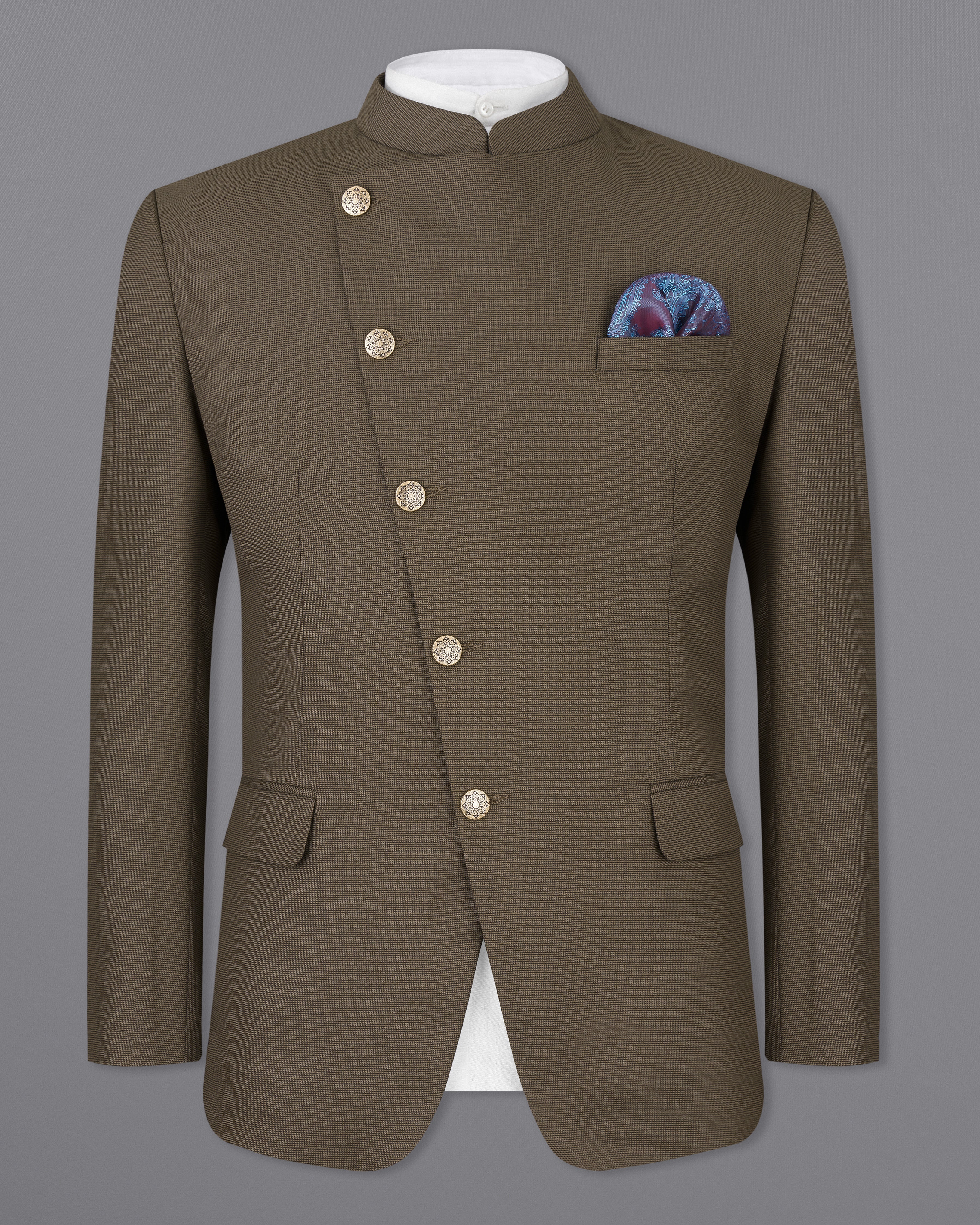 Fuscous Brown Cross Buttoned Bandhgala Blazer BL2514-CBG-36, BL2514-CBG-38, BL2514-CBG-40, BL2514-CBG-42, BL2514-CBG-44, BL2514-CBG-46, BL2514-CBG-48, BL2514-CBG-50, BL2514-CBG-52, BL2514-CBG-54, BL2514-CBG-56, BL2514-CBG-58, BL2514-CBG-60