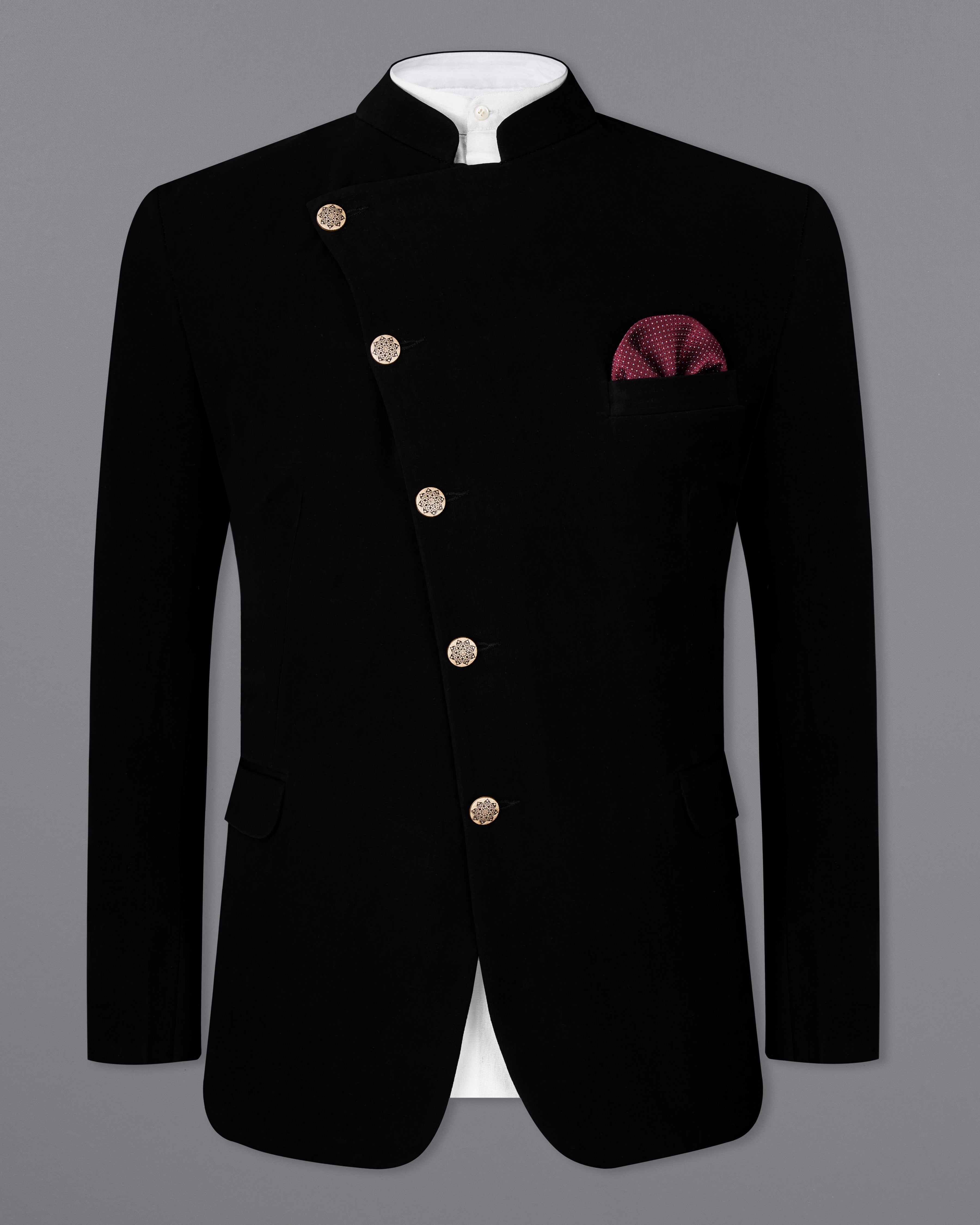 Korean Black Cross Buttoned Bandhgala Blazer BL2552-CBG-36, BL2552-CBG-38, BL2552-CBG-40, BL2552-CBG-42, BL2552-CBG-44, BL2552-CBG-46, BL2552-CBG-48, BL2552-CBG-50, BL2552-CBG-55, BL2552-CBG-54, BL2552-CBG-56, BL2552-CBG-58, BL2552-CBG-60