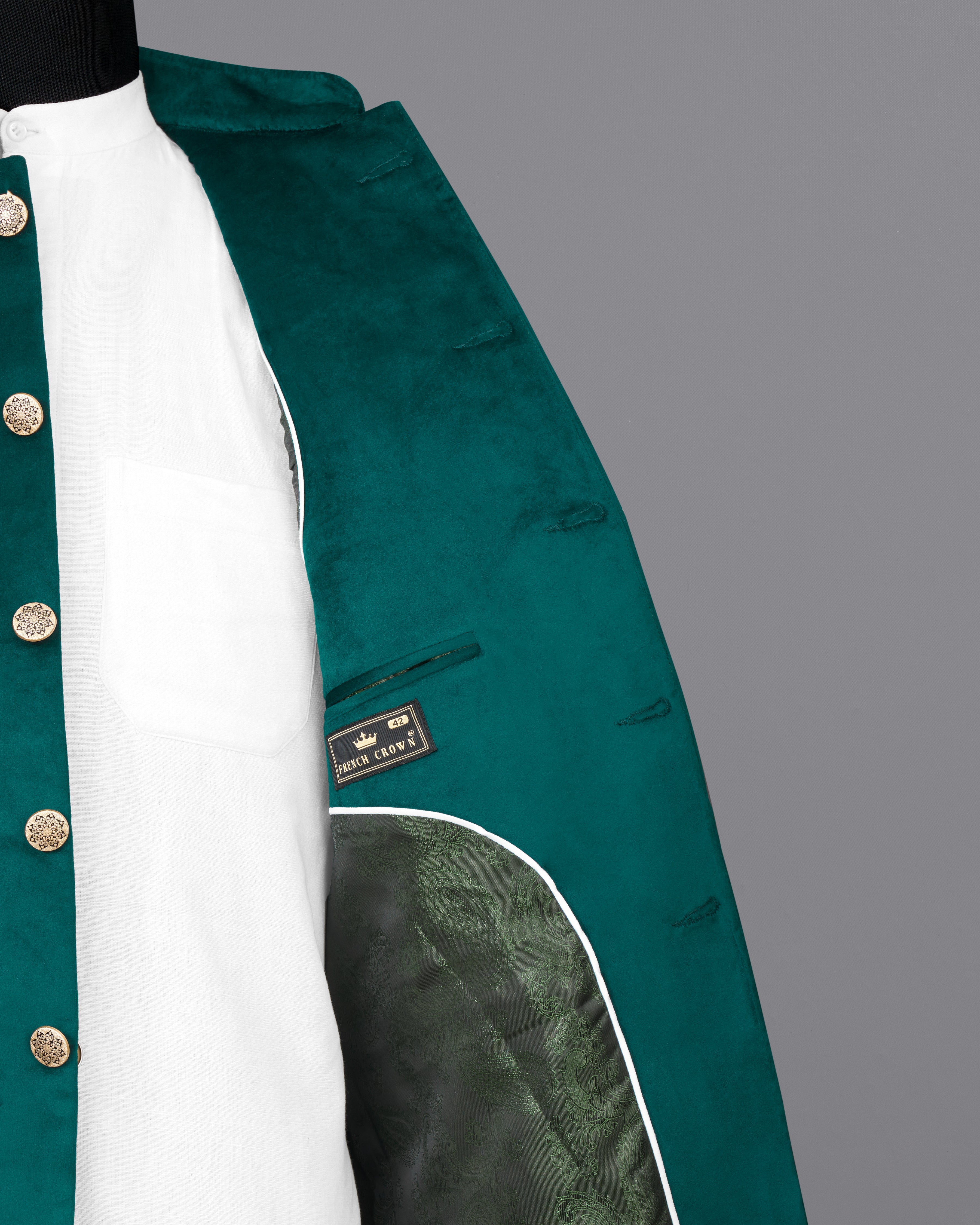 Burnham Green Bandhgala Velvet Blazer BL2575-BG-36,BL2575-BG-38,BL2575-BG-40,BL2575-BG-42,BL2575-BG-44,BL2575-BG-46,BL2575-BG-48,BL2575-BG-50,,BL2575-BG-52,BL2575-BG-54,BL2575-BG-56,BL2575-BG-58,BL2575-BG-60