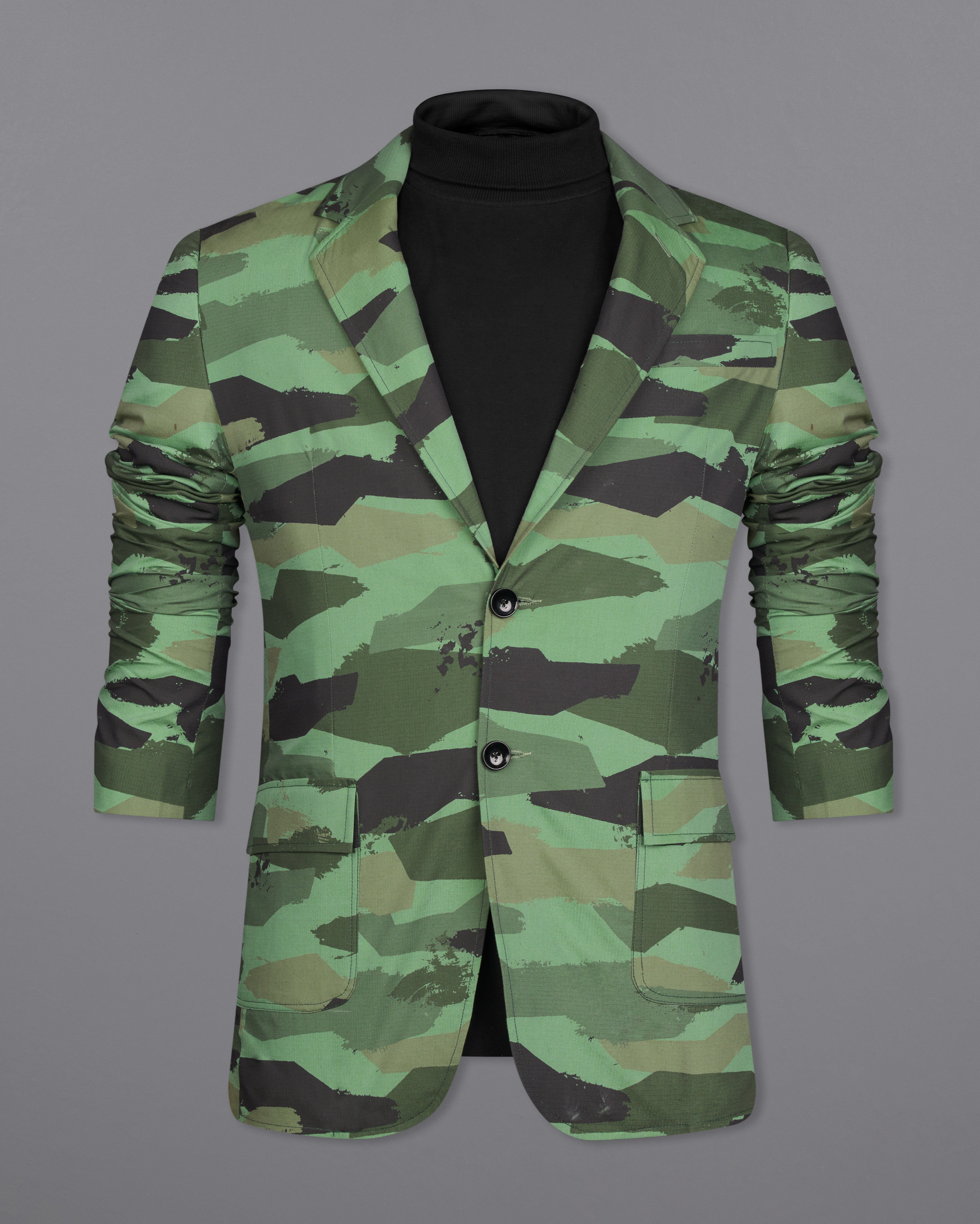 Lichen Green with Thunder Brown Camouflage Single Breasted Designer Blazer BL2616-SB-D110-36, BL2616-SB-D110-38, BL2616-SB-D110-40, BL2616-SB-D110-42, BL2616-SB-D110-44, BL2616-SB-D110-46, BL2616-SB-D110-48, BL2616-SB-D110-50, BL2616-SB-D110-52, BL2616-SB-D110-54, BL2616-SB-D110-56, BL2616-SB-D110-58, BL2616-SB-D110-60