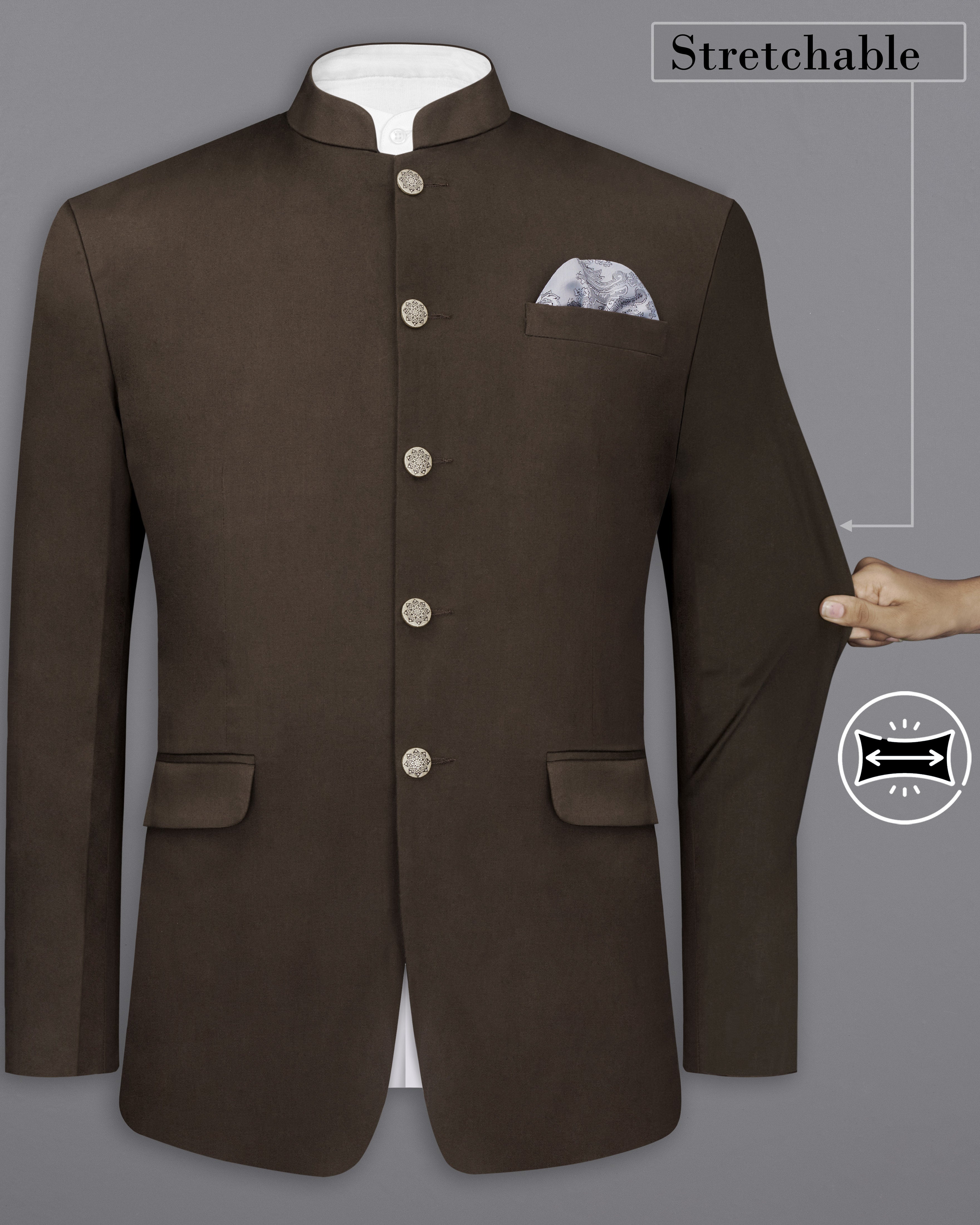 Walnut Brown Stretchable Premium Cotton Bandhgala traveler Blazer