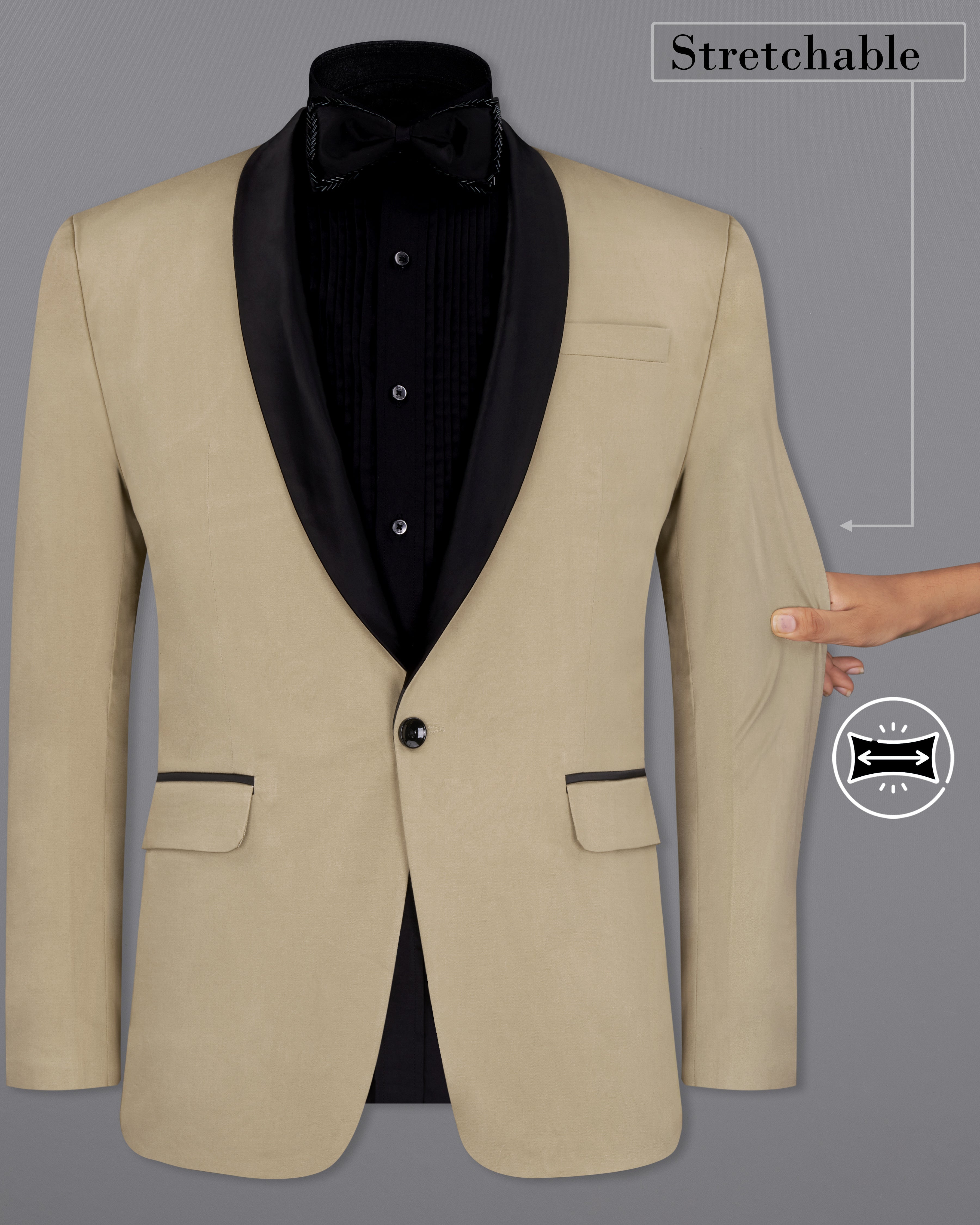 Quicksand Brown Stretchable Tuxedo Premium Cotton Blazer BL2656-BKL-36, BL2656-BKL-38, BL2656-BKL-40, BL2656-BKL-42, BL2656-BKL-44, BL2656-BKL-46, BL2656-BKL-48, BL2656-BKL-50, BL2656-BKL-52, BL2656-BKL-54, BL2656-BKL-56, BL2656-BKL-58, BL2656-BKL-60