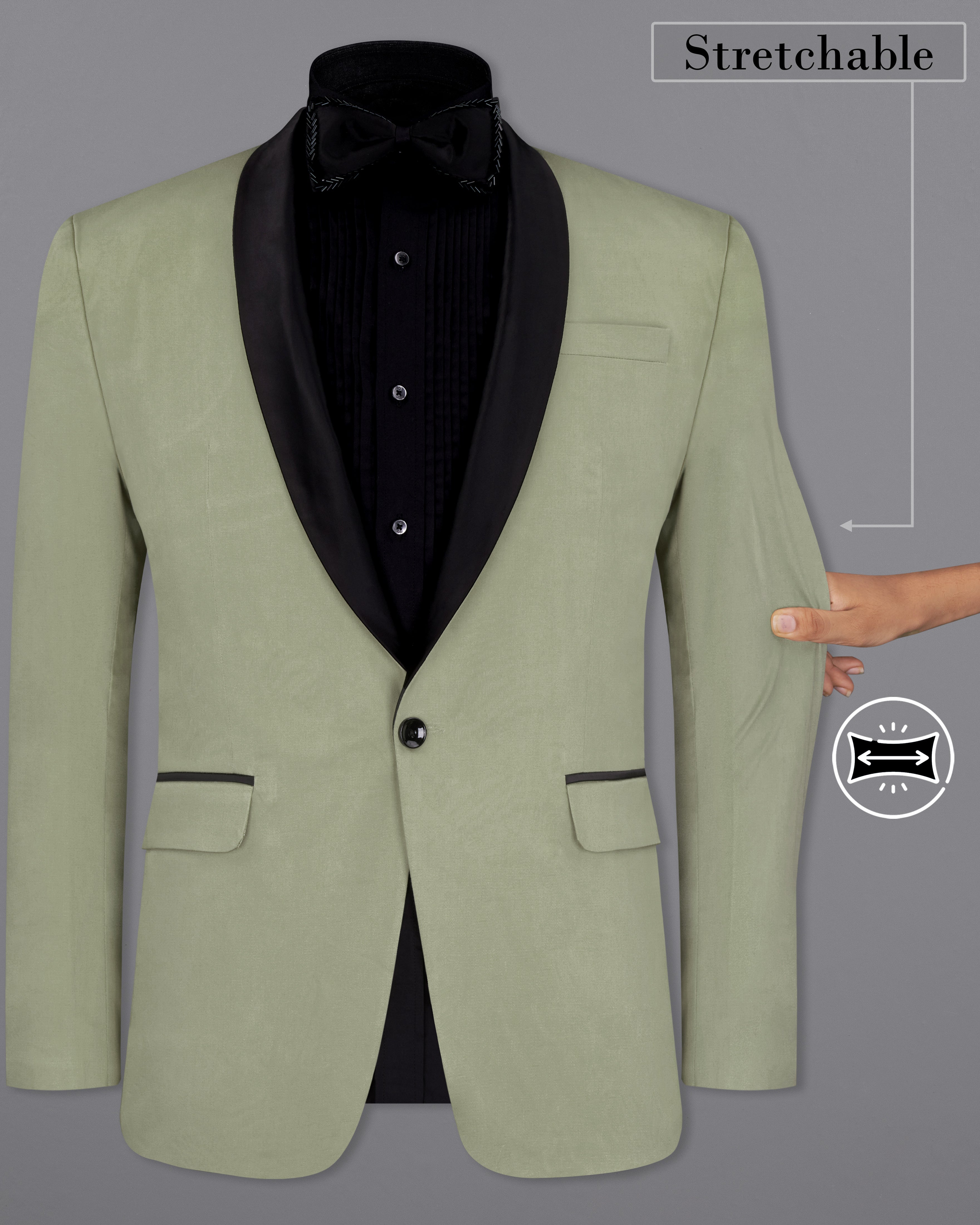 Granite Green Tuxedo With Black Lapel Premium Cotton Stretchable Blazer BL2666-BKL-36, BL2666-BKL-38, BL2666-BKL-40, BL2666-BKL-42, BL2666-BKL-44, BL2666-BKL-46, BL2666-BKL-48, BL2666-BKL-50, BL2666-BKL-52, BL2666-BKL-54, BL2666-BKL-56, BL2666-BKL-58, BL2666-BKL-60