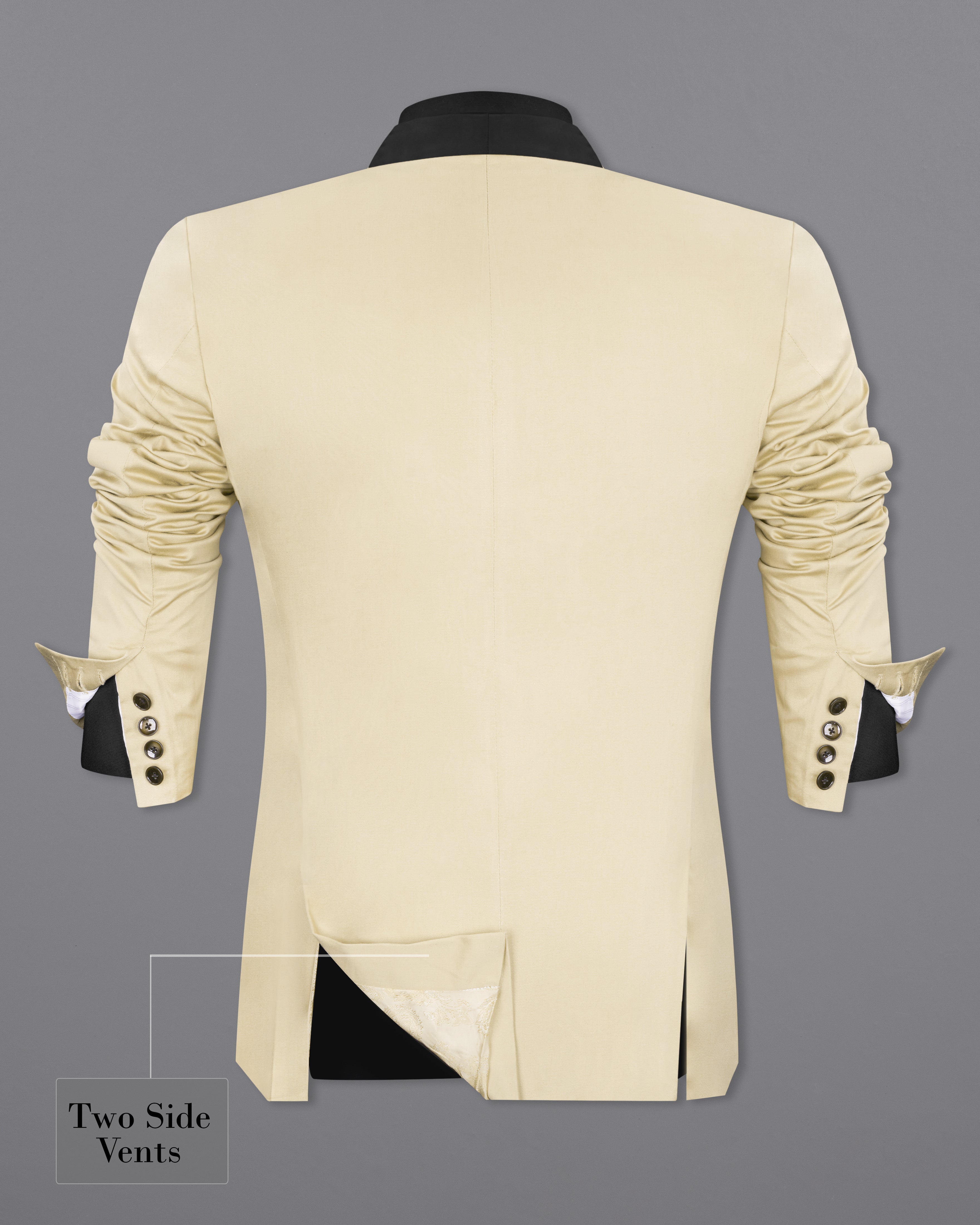 Moon Mist Beige With Black Lapel Stretchable Tuxedo Premium Cotton Blazer BL2676-BKL-36, BL2676-BKL-38, BL2676-BKL-40, BL2676-BKL-42, BL2676-BKL-44, BL2676-BKL-46, BL2676-BKL-48, BL2676-BKL-50, BL2676-BKL-52, BL2676-BKL-54, BL2676-BKL-56, BL2676-BKL-58, BL2676-BKL-60