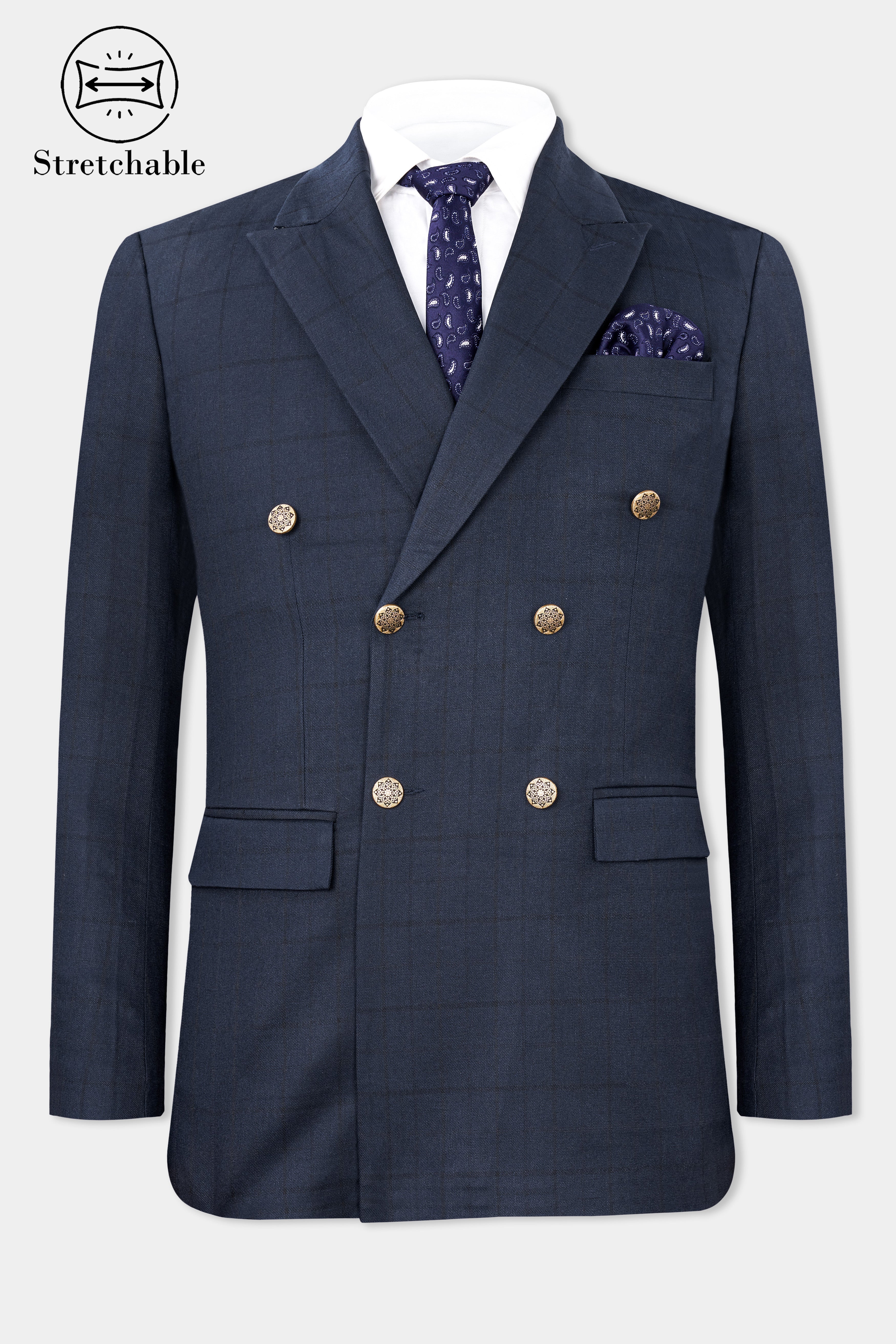 Shark Navy Blue Subtle Windowpane Double-Breasted Blazer