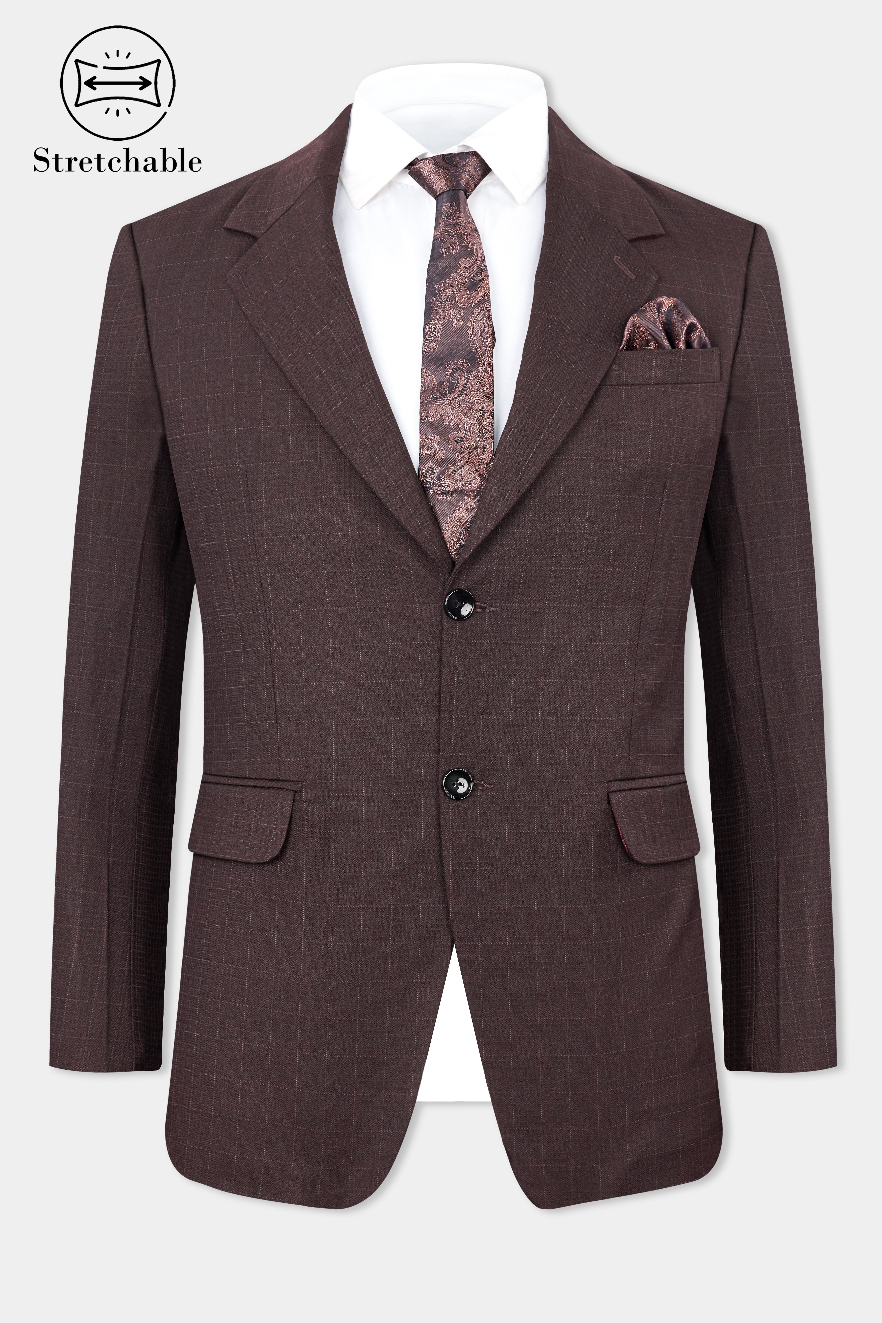 Taupe Maroon Stretchable Dobby Single Breasted traveler Blazer