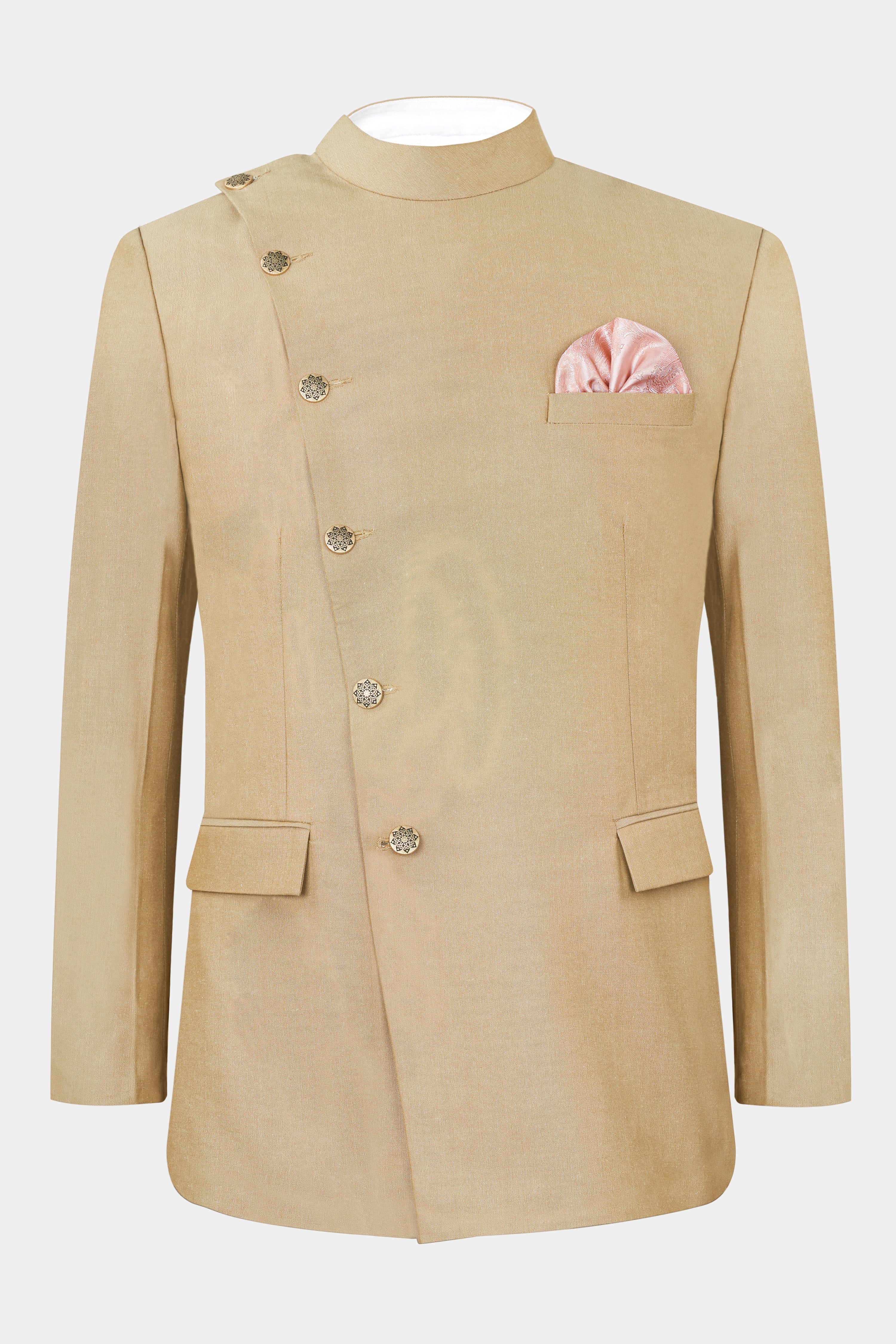 Heathered Light Brown Cross Placket Bandhgala Blazer