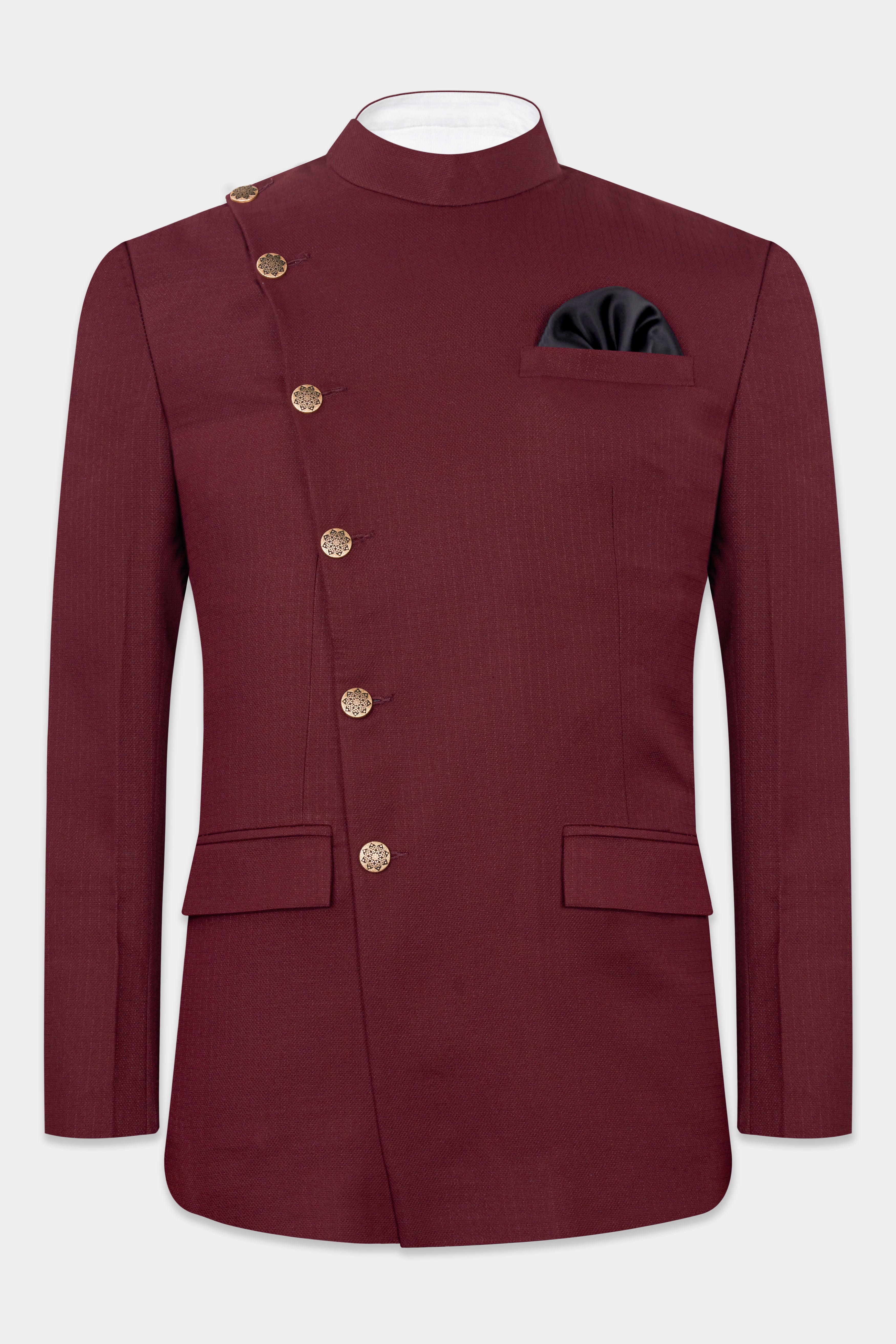 Maroon Dobby Textured Cross Placket Bandhgala Blazer