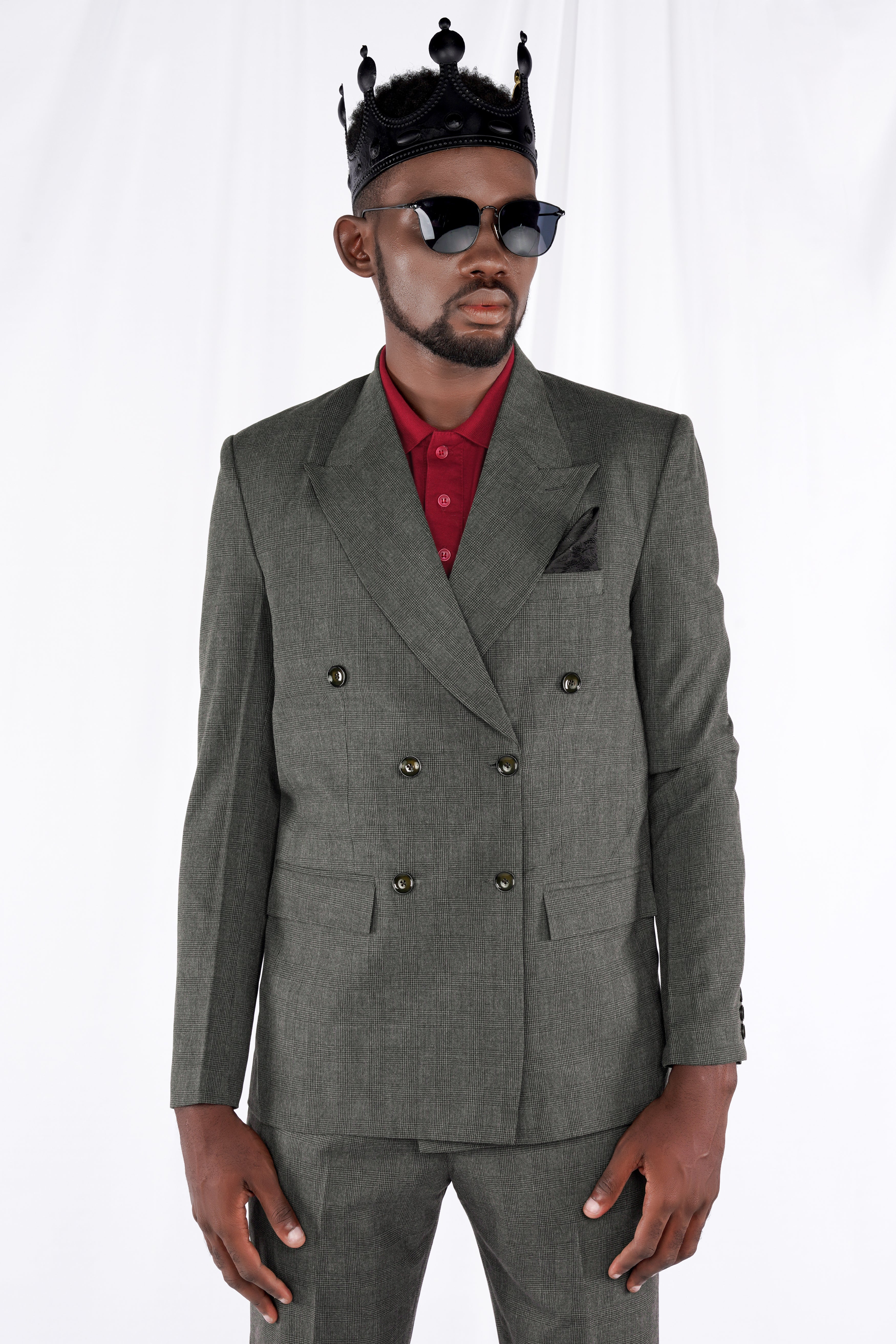 Tundora Dark Gray Subtle Plaid Double-Breasted Blazer