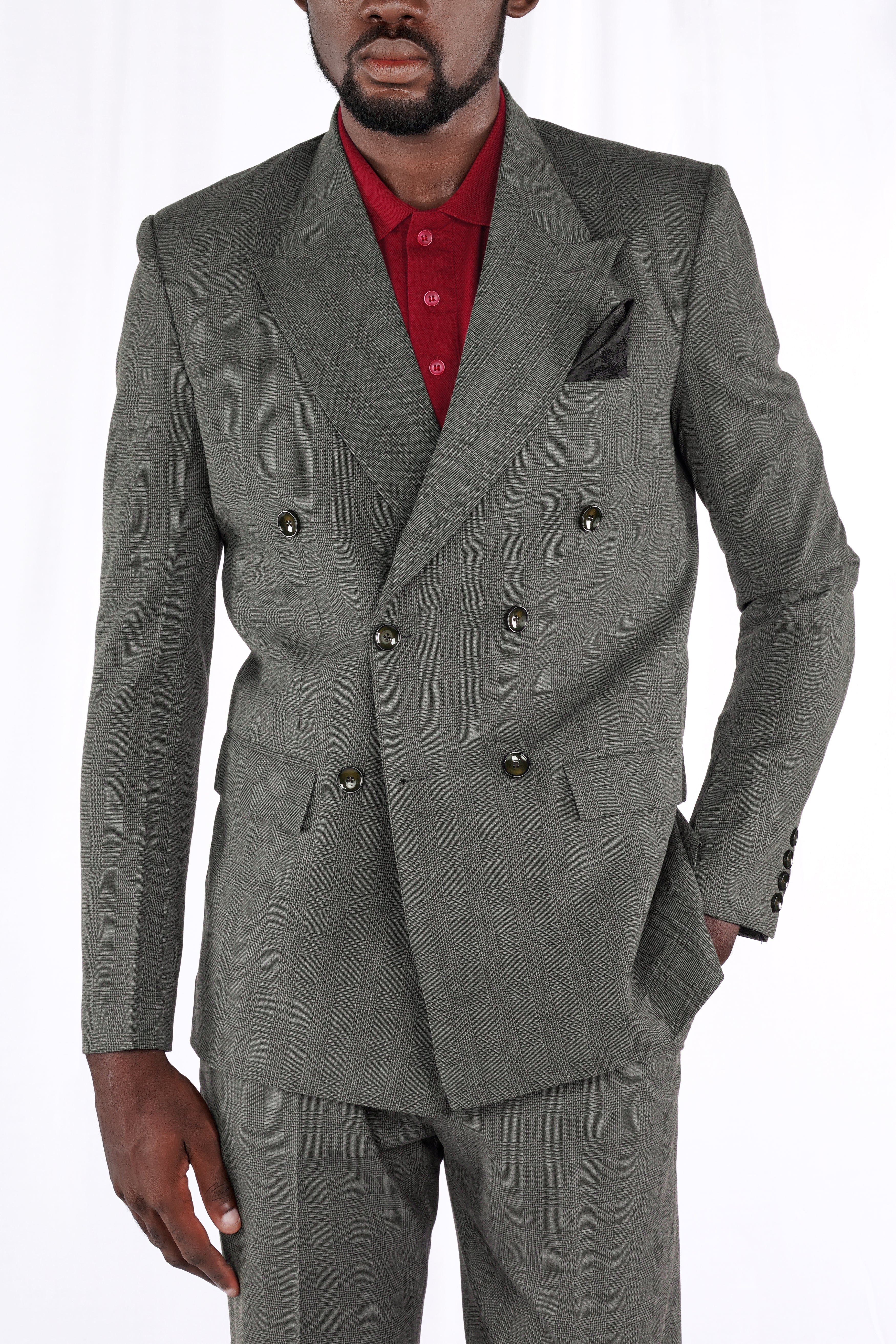 Tundora Dark Gray Subtle Plaid Double-Breasted Blazer