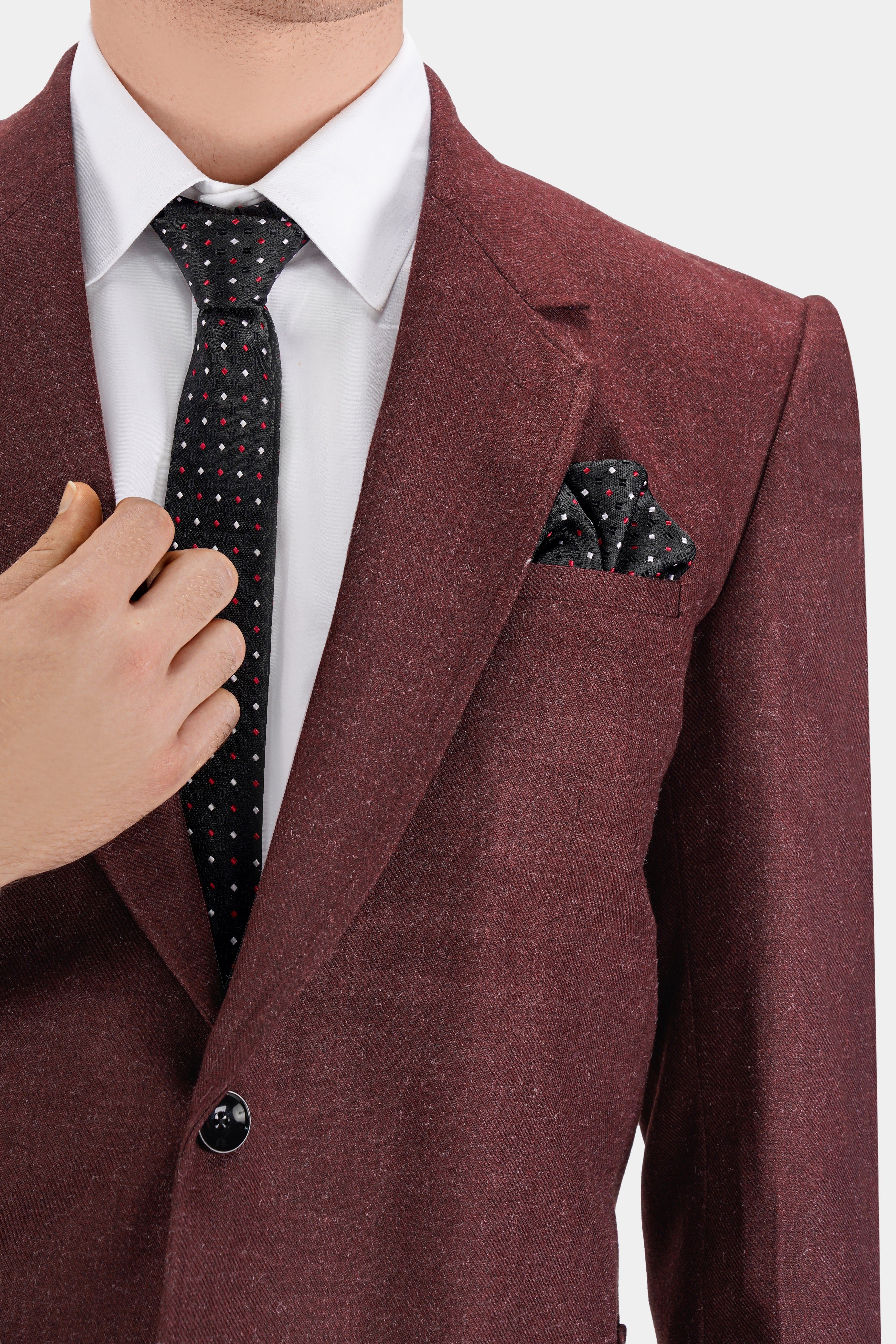 Noir Maroon Tweed Single Breasted Designer Blazer BL2732-SB-PP-D150-36, BL2732-SB-PP-D150-38, BL2732-SB-PP-D150-40, BL2732-SB-PP-D150-42, BL2732-SB-PP-D150-44, BL2732-SB-PP-D150-46, BL2732-SB-PP-D150-48, BL2732-SB-PP-D150-50, BL2732-SB-PP-D150-52, BL2732-SB-PP-D150-54, BL2732-SB-PP-D150-56, BL2732-SB-PP-D150-58, BL2732-SB-PP-D150-60