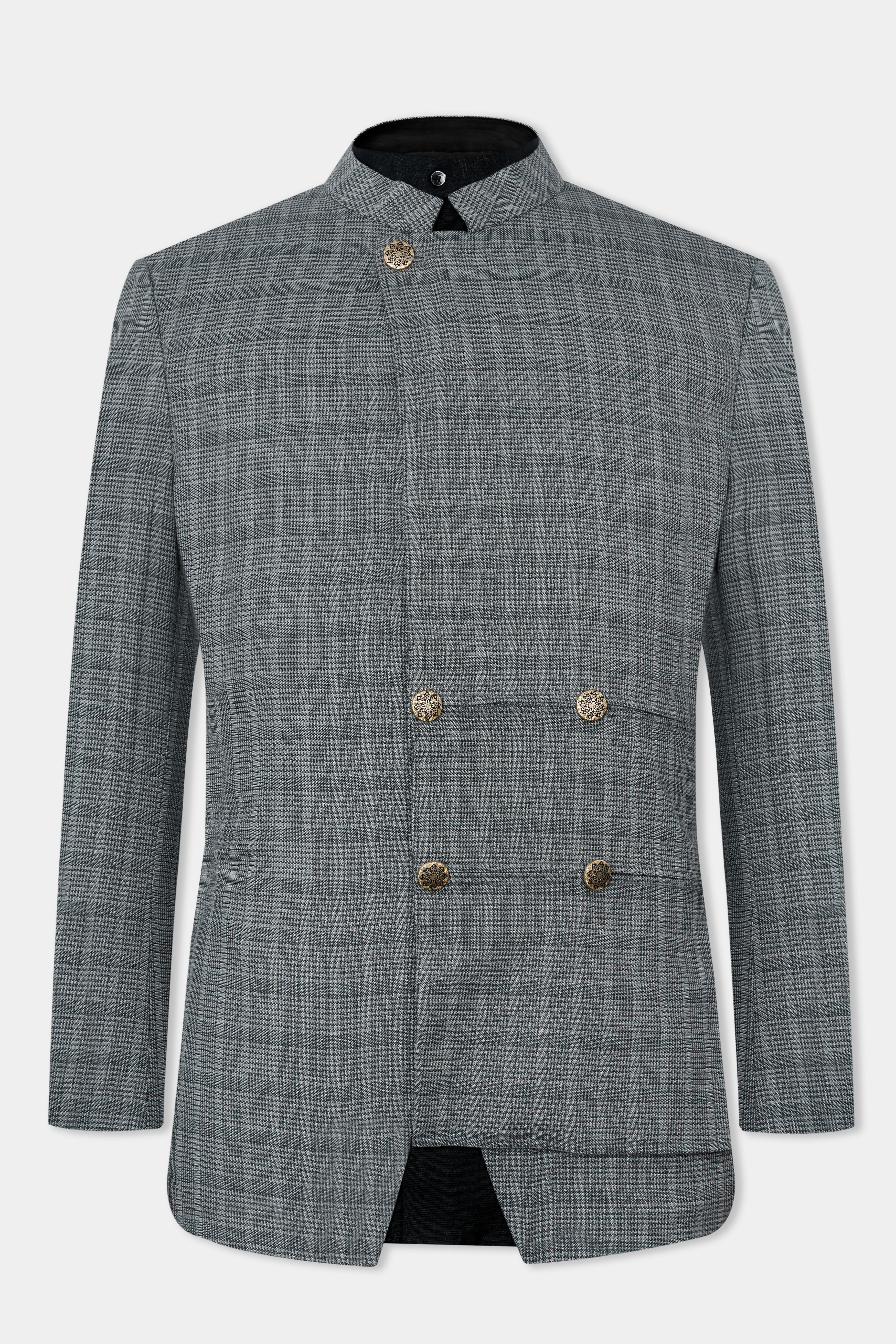 Oslo Gray Checkered Wool Rich Bandhgala Designer Stretchable Traveler Blazer BL2801-D38-36, BL2801-D38-38, BL2801-D38-40, BL2801-D38-42, BL2801-D38-44, BL2801-D38-46, BL2801-D38-48, BL2801-D38-50, BL2801-D38-52, BL2801-D38-54, BL2801-D38-56, BL2801-D38-58, BL2801-D38-60