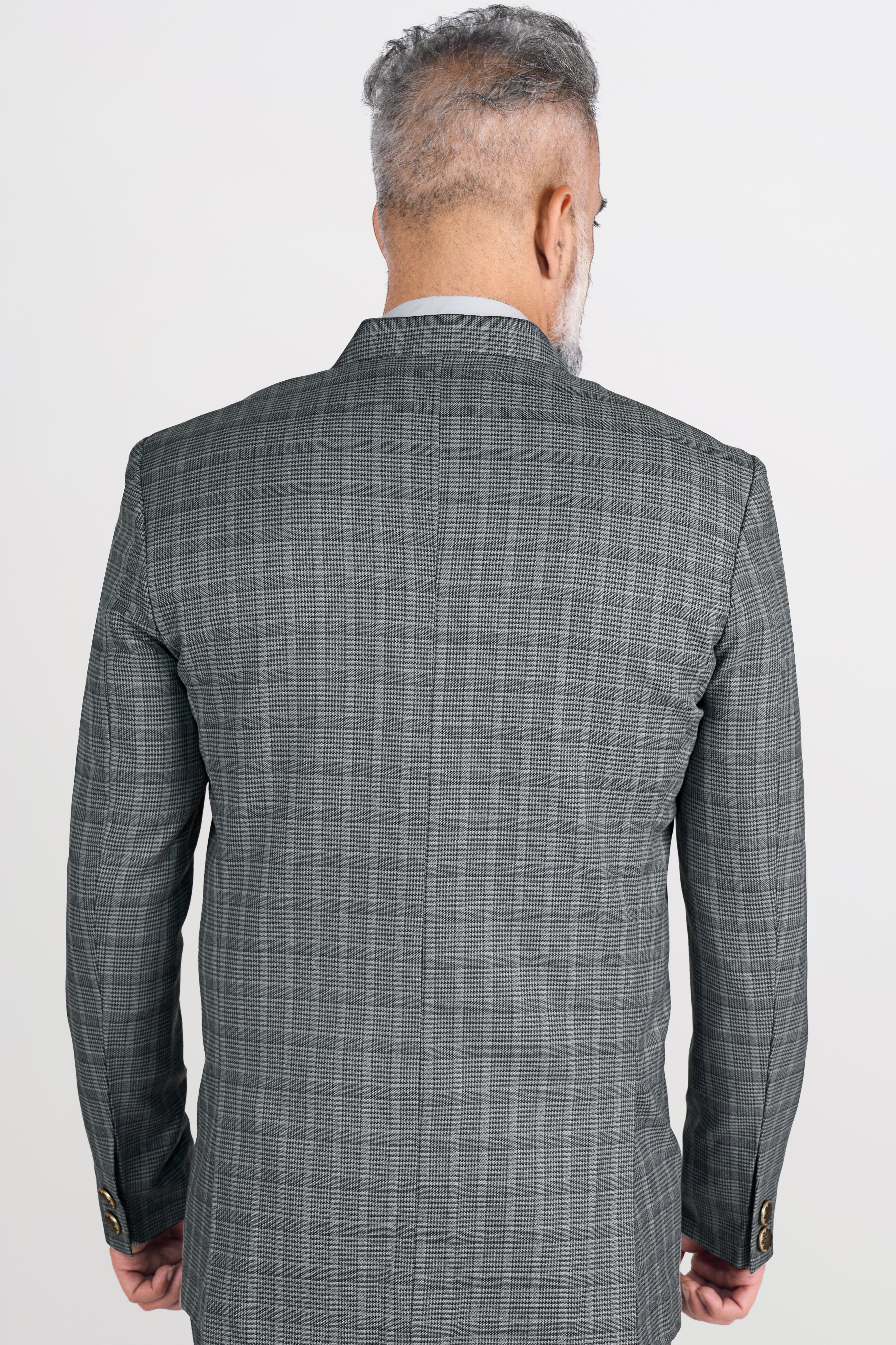 Oslo Gray Checkered Wool Rich Bandhgala Designer Stretchable Traveler Blazer BL2801-D38-36, BL2801-D38-38, BL2801-D38-40, BL2801-D38-42, BL2801-D38-44, BL2801-D38-46, BL2801-D38-48, BL2801-D38-50, BL2801-D38-52, BL2801-D38-54, BL2801-D38-56, BL2801-D38-58, BL2801-D38-60