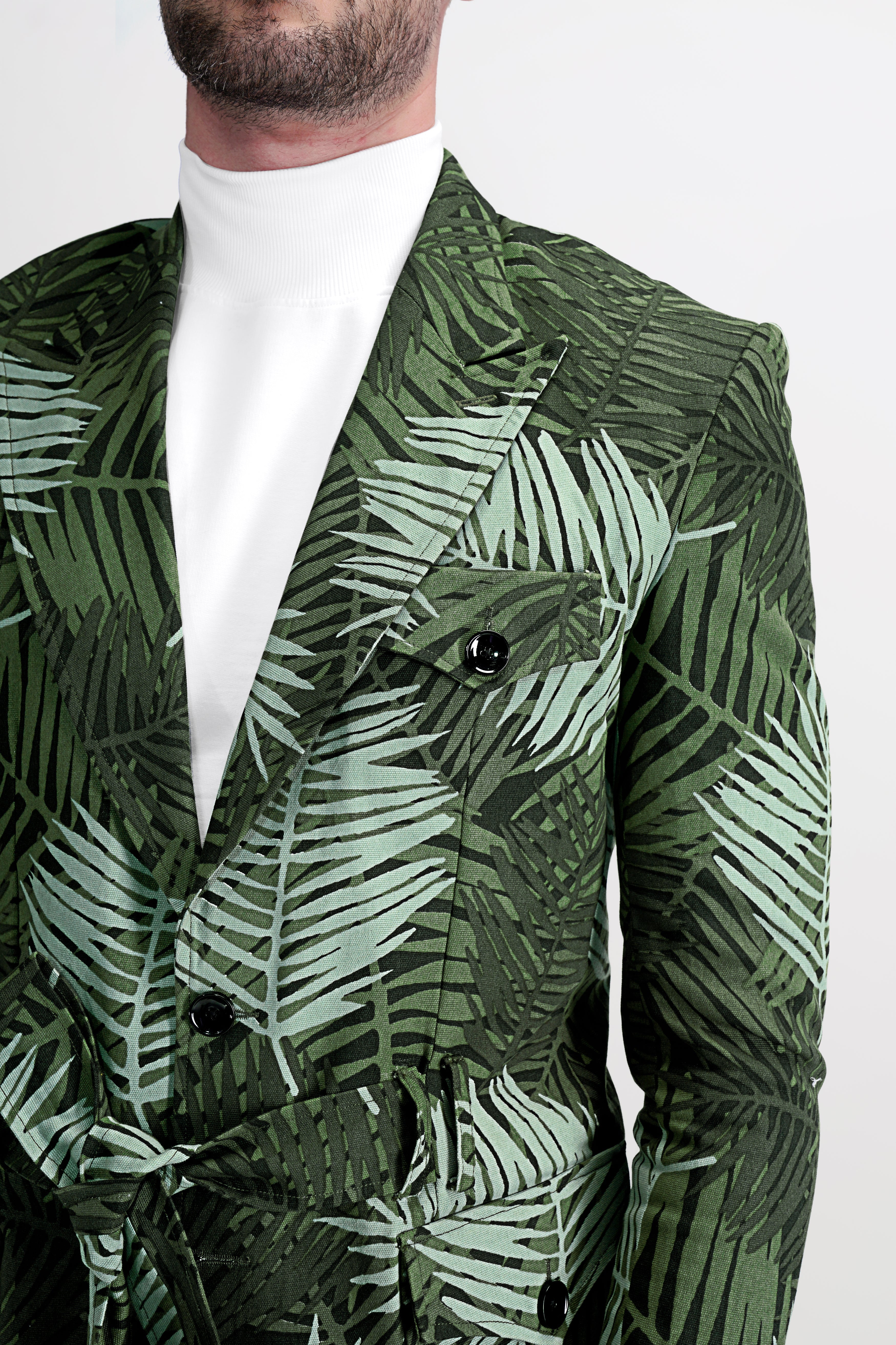 Asparagus Green with Sage Green Leaves Printed Premium Cotton Designer Blazer BL2810-SBP-D109-36, BL2810-SBP-D109-38, BL2810-SBP-D109-40, BL2810-SBP-D109-42, BL2810-SBP-D109-44, BL2810-SBP-D109-46, BL2810-SBP-D109-48, BL2810-SBP-D109-50, BL2810-SBP-D109-52, BL2810-SBP-D109-54, BL2810-SBP-D109-56, BL2810-SBP-D109-58, BL2810-SBP-D109-60