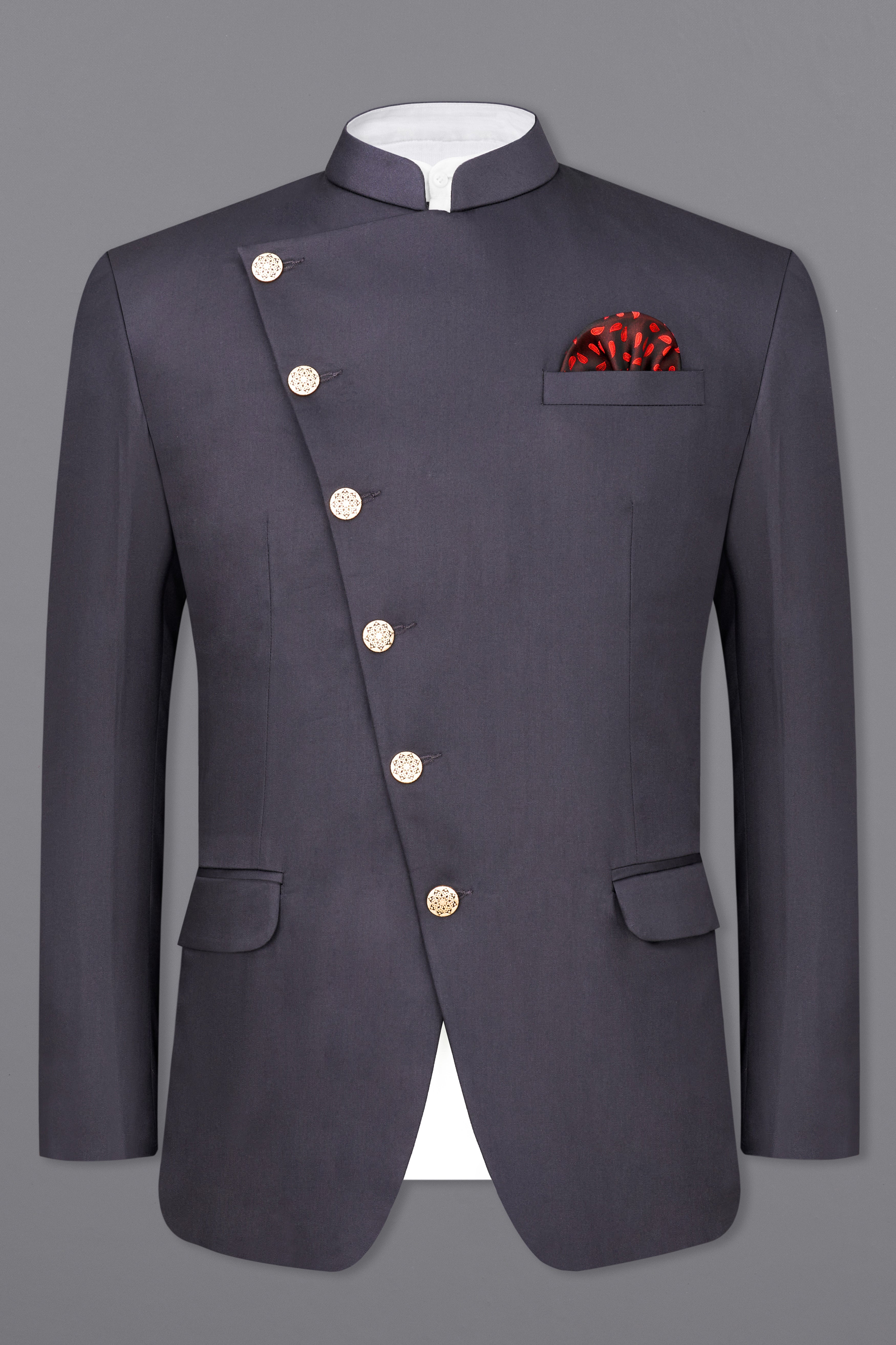 MID GREY Subtle Sheen CROSS PLACKET WOOL BLEND BANDHGALA/MANDARIN BLAZER