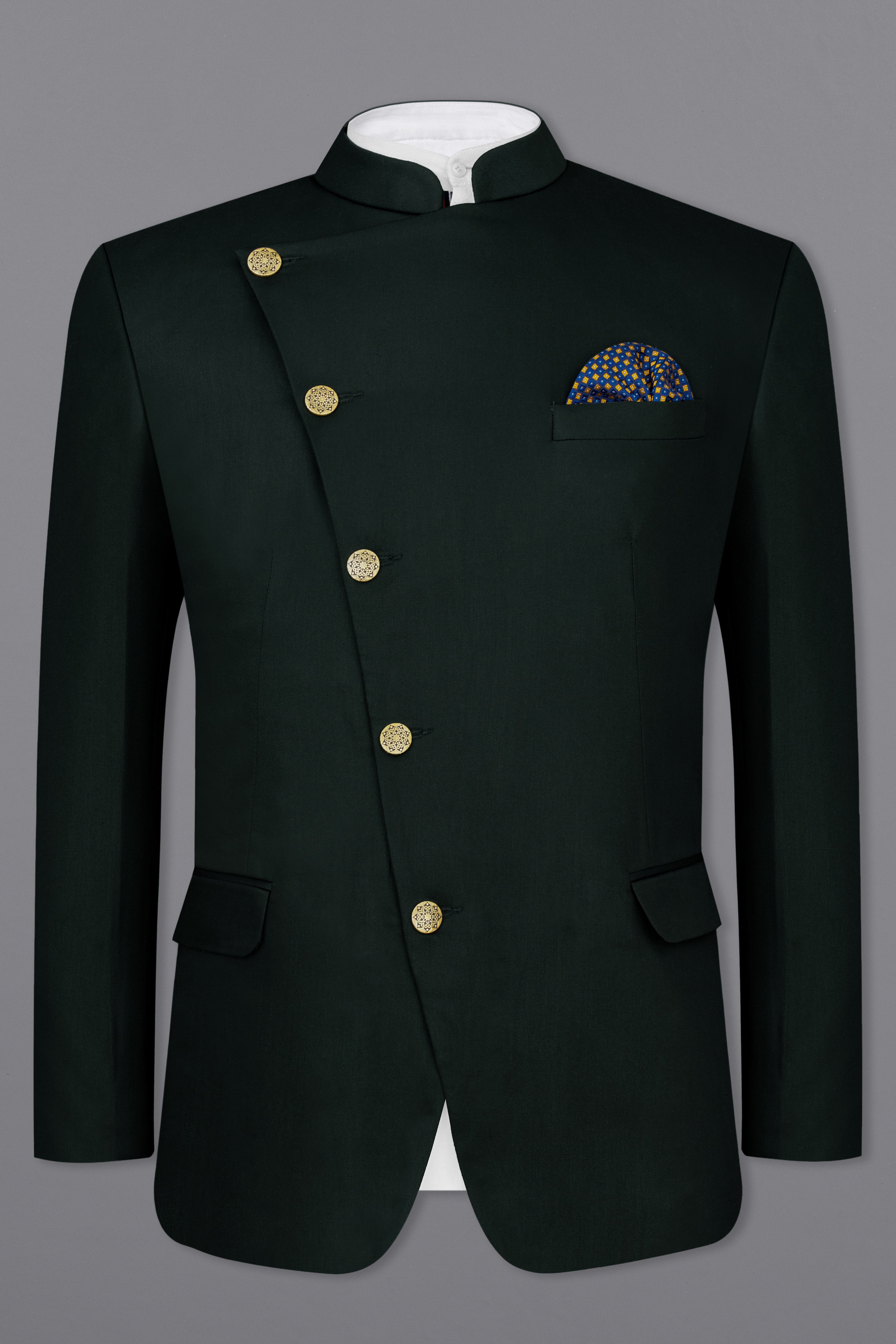 JUNIPER GREEN Subtle Sheen CROSS PLACKET BANDHGALA/MANDARIN BLAZER