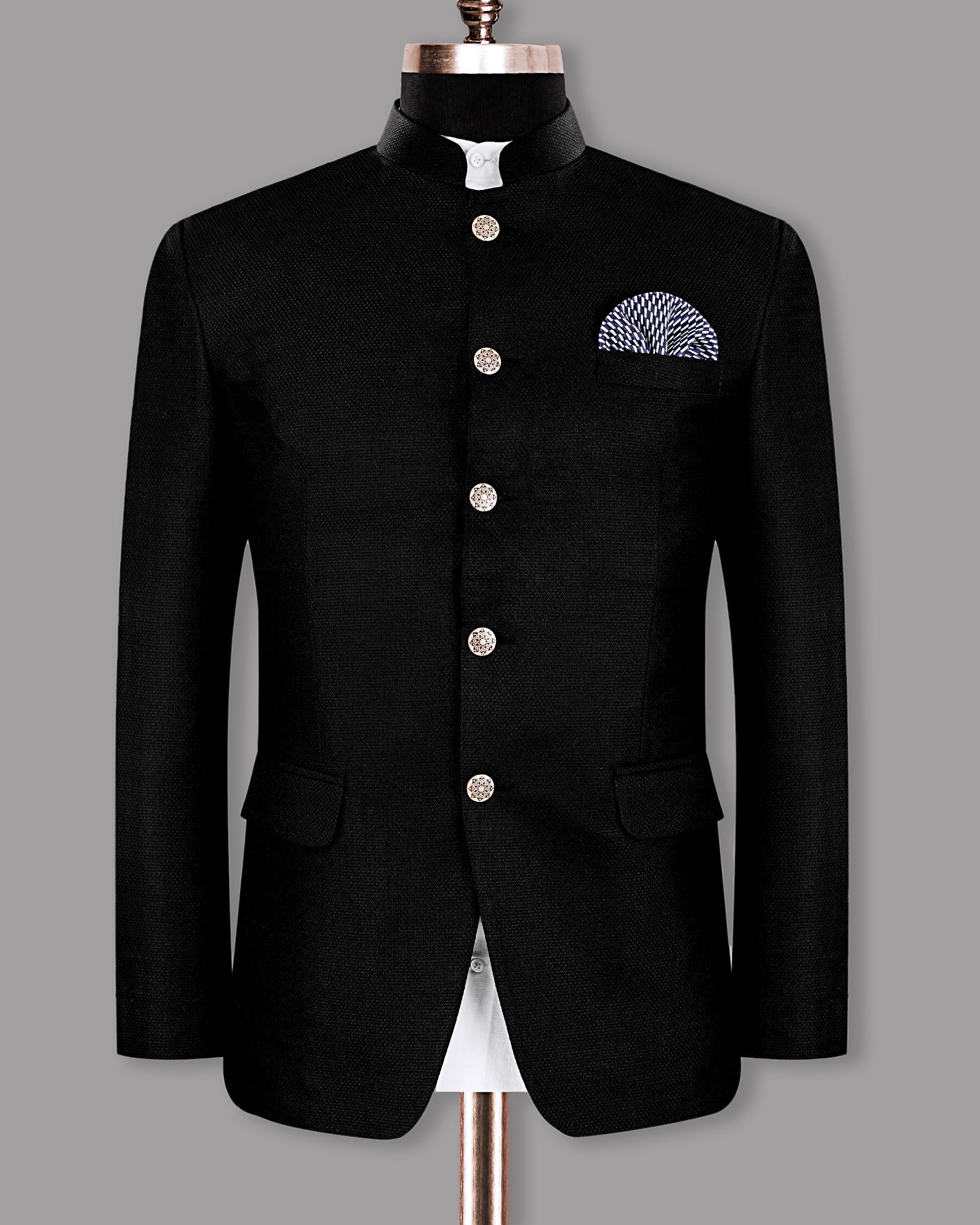 Jade Black Diamond Textured Bandhgala/Mandarin Blazer