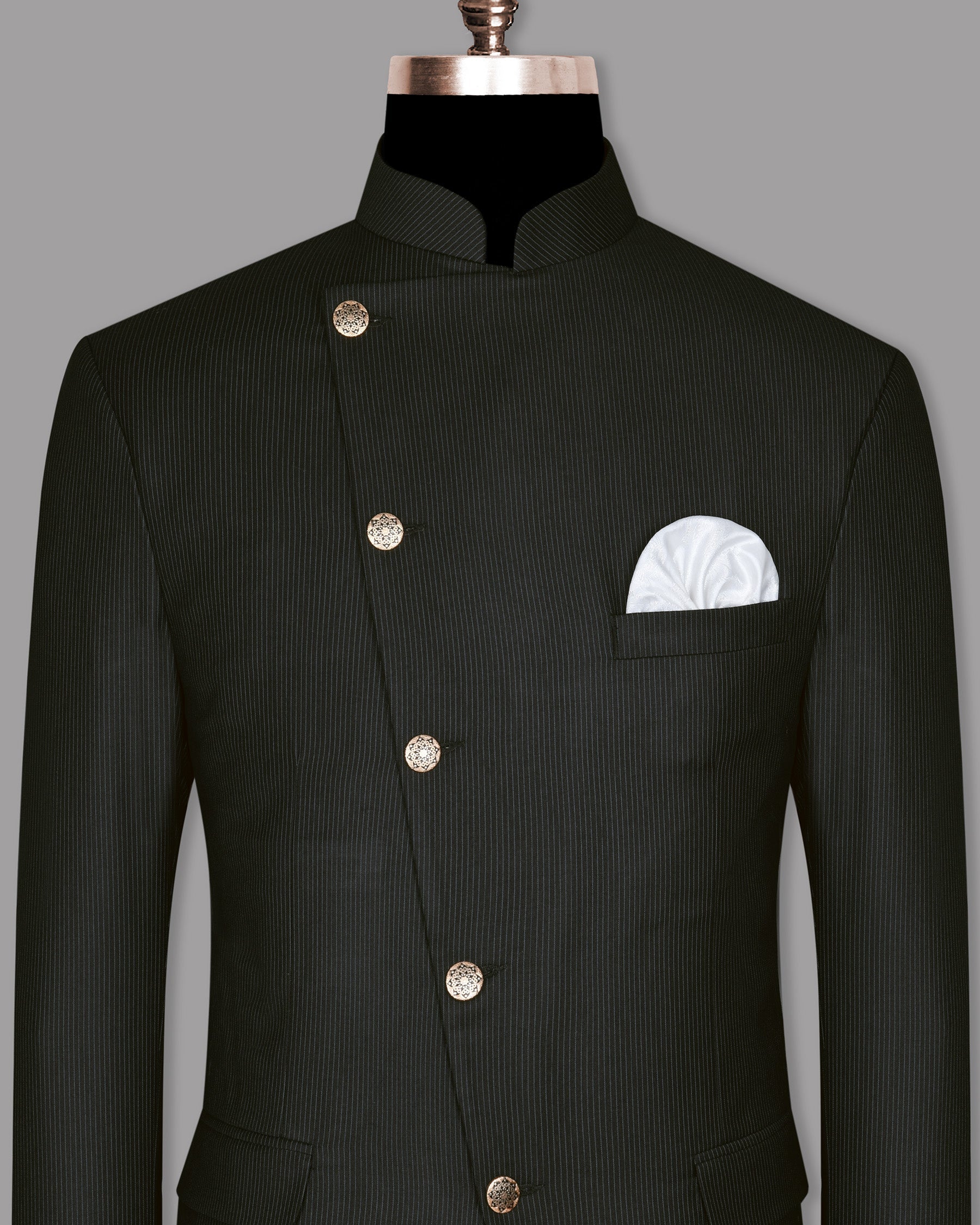 Jade Black Pinstriped Cross Buttoned Bandhgala/Mandarin Wool-Silk blend Blazer BL630CBG-50, BL630CBG-56, BL630CBG-42, BL630CBG-58, BL630CBG-60, BL630CBG-36, BL630CBG-38, BL630CBG-40, BL630CBG-44, BL630CBG-46, BL630CBG-48, BL630CBG-52, BL630CBG-54