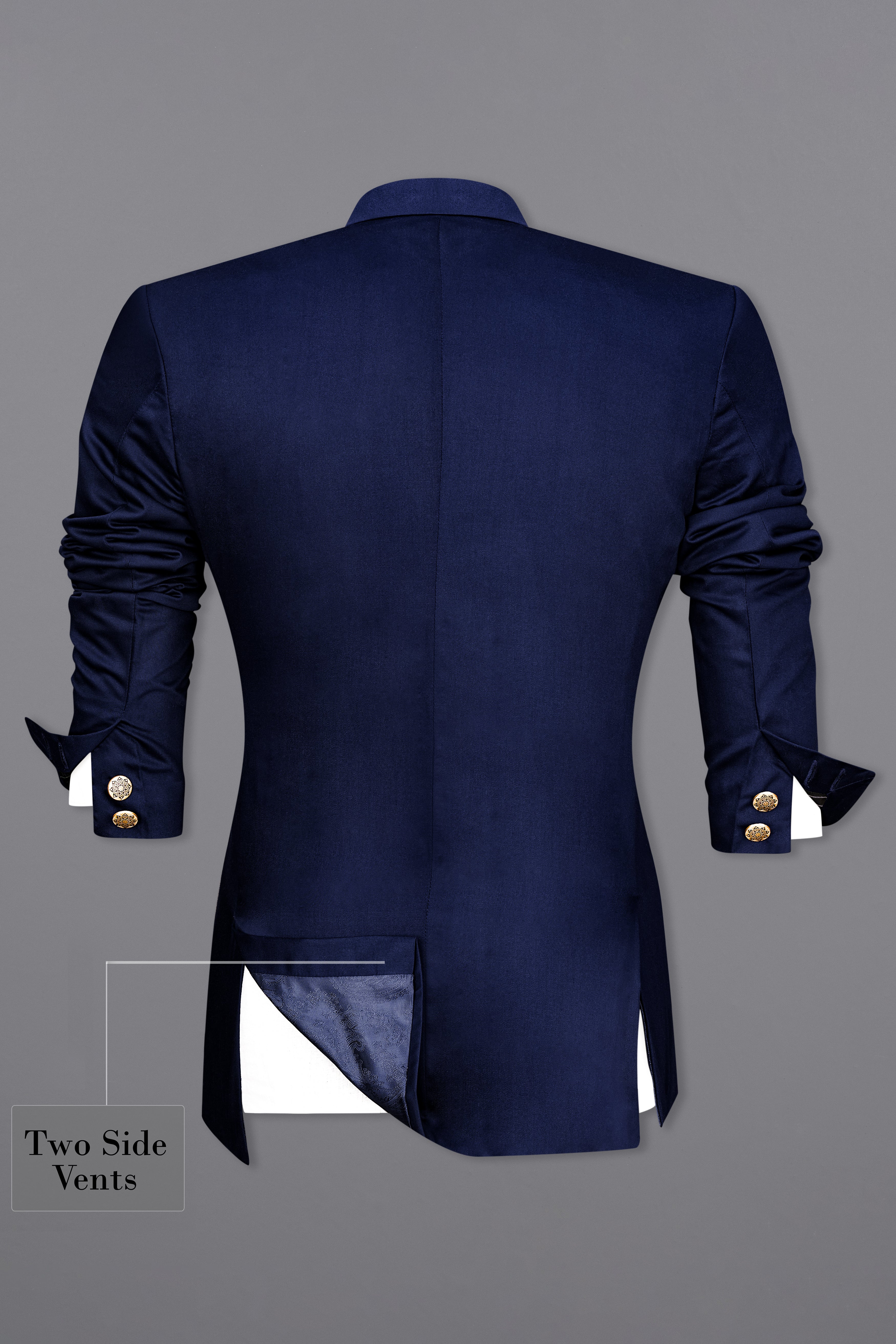 Space Blue Subtle Sheen Cross Placket Bandhgala/Mandarin Wool blend Blazer