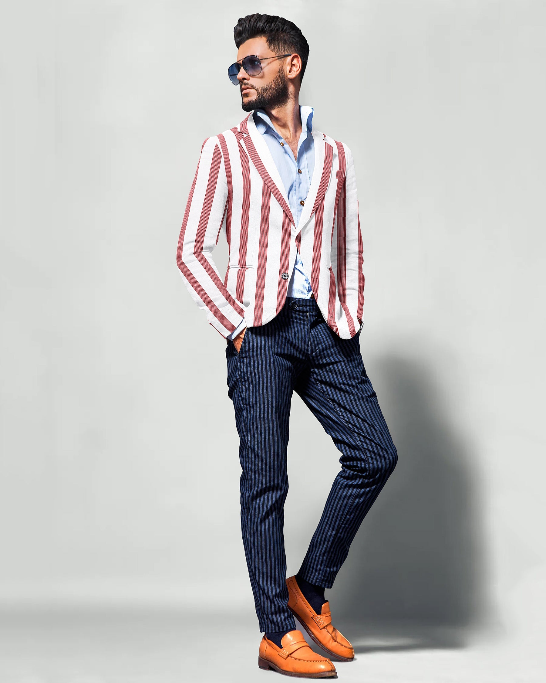 Bright White with Red Broad Striped Designer Blazer