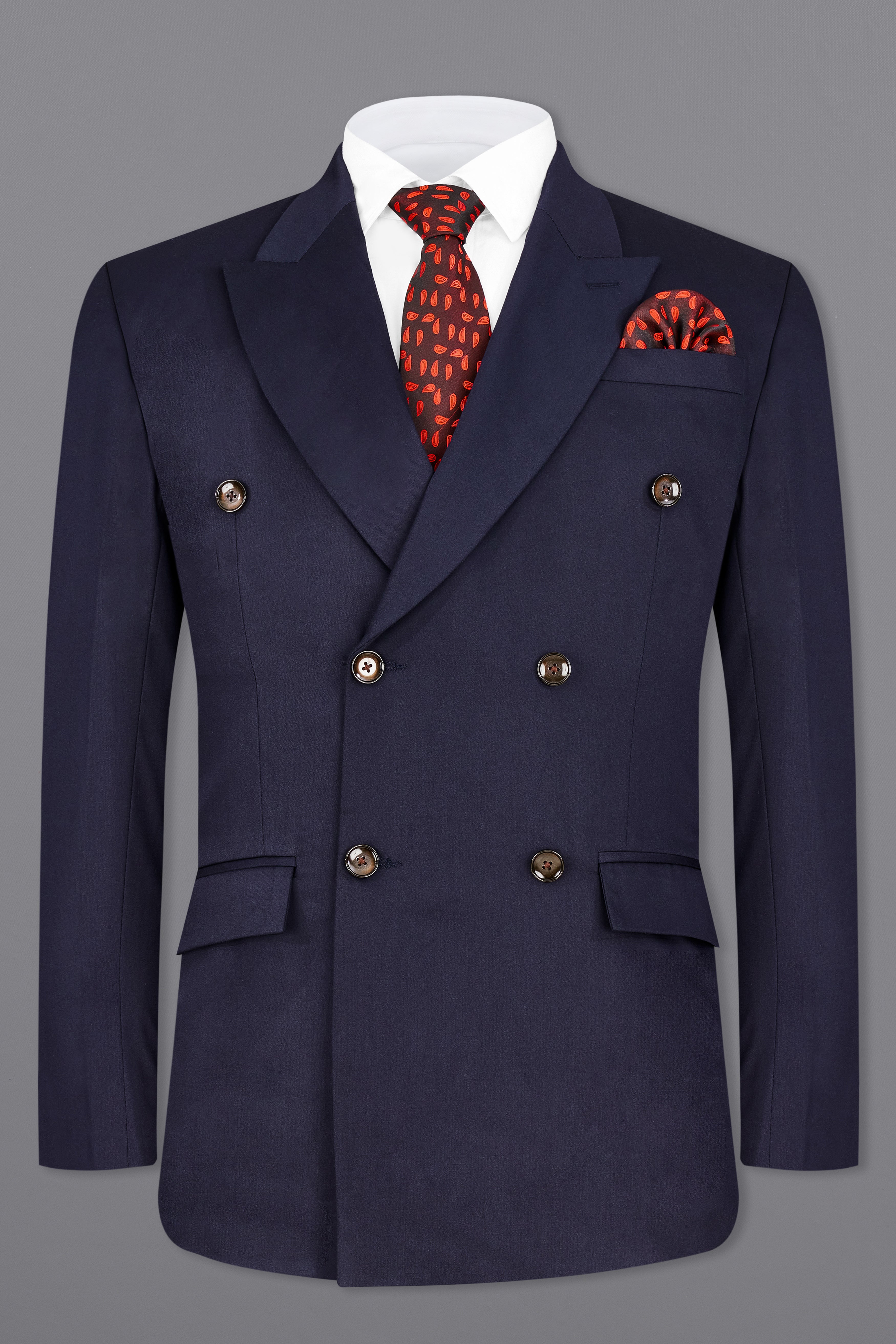 Navy Subtle Sheen Wool Blend Double Breasted Blazer