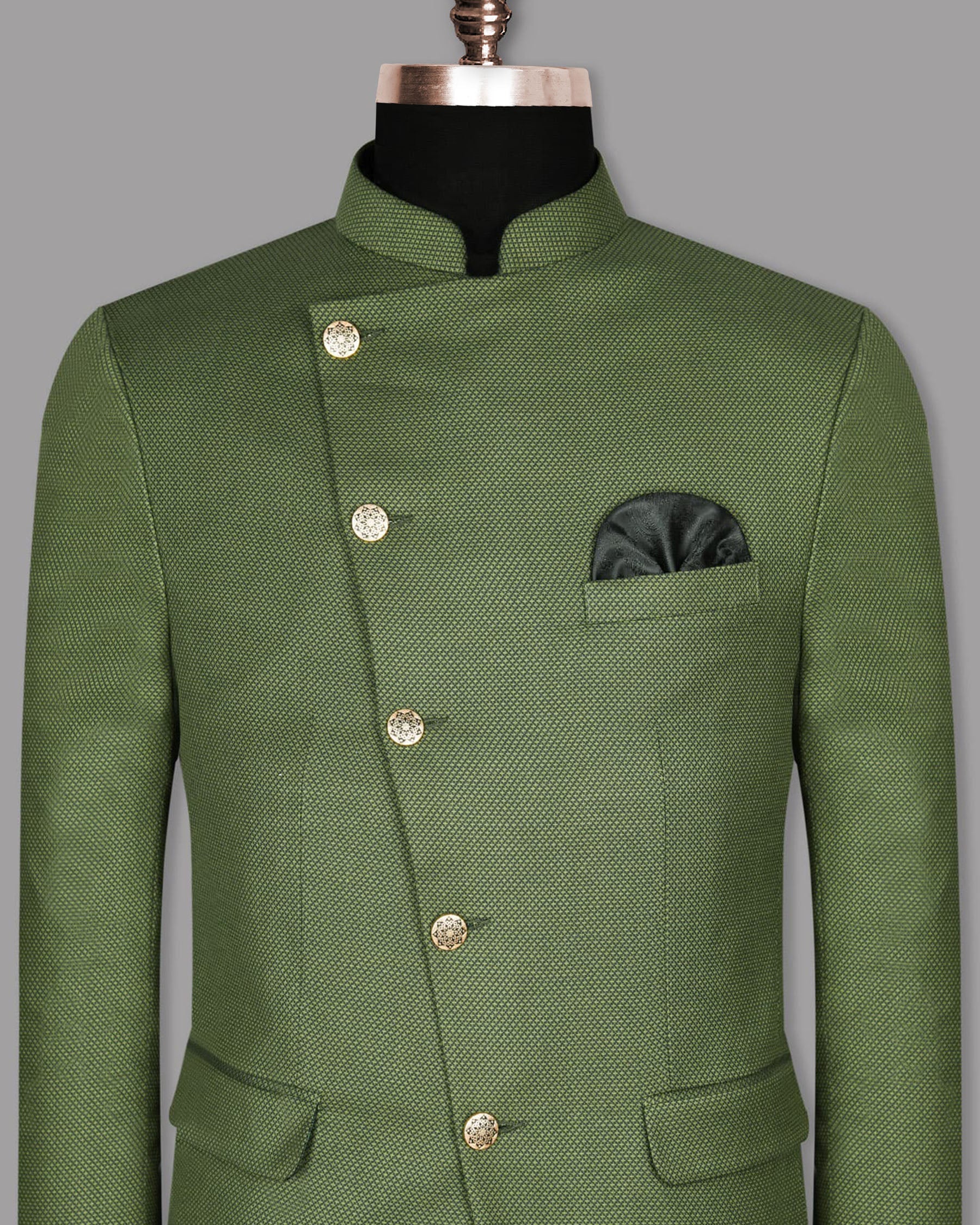 Crocodile Green Cross Buttoned Bandhgala/Mandarin Wool-Silk blend Blazer BL770CBG-36, BL770CBG-40, BL770CBG-50, BL770CBG-58, BL770CBG-38, BL770CBG-54, BL770CBG-60, BL770CBG-42, BL770CBG-44, BL770CBG-46, BL770CBG-48, BL770CBG-52, BL770CBG-56