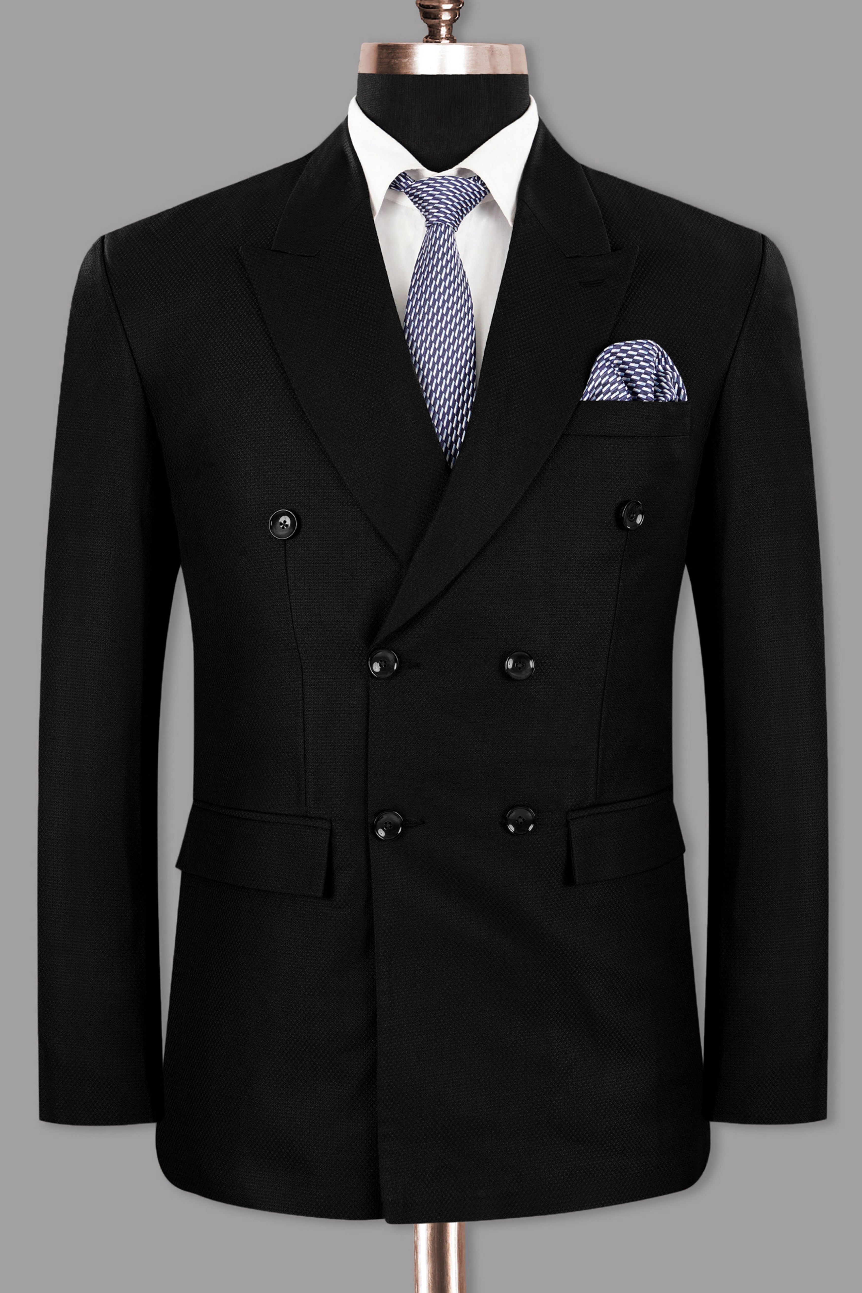 Jade black Diamond Textured Wool Blend Double Breasted Blazer