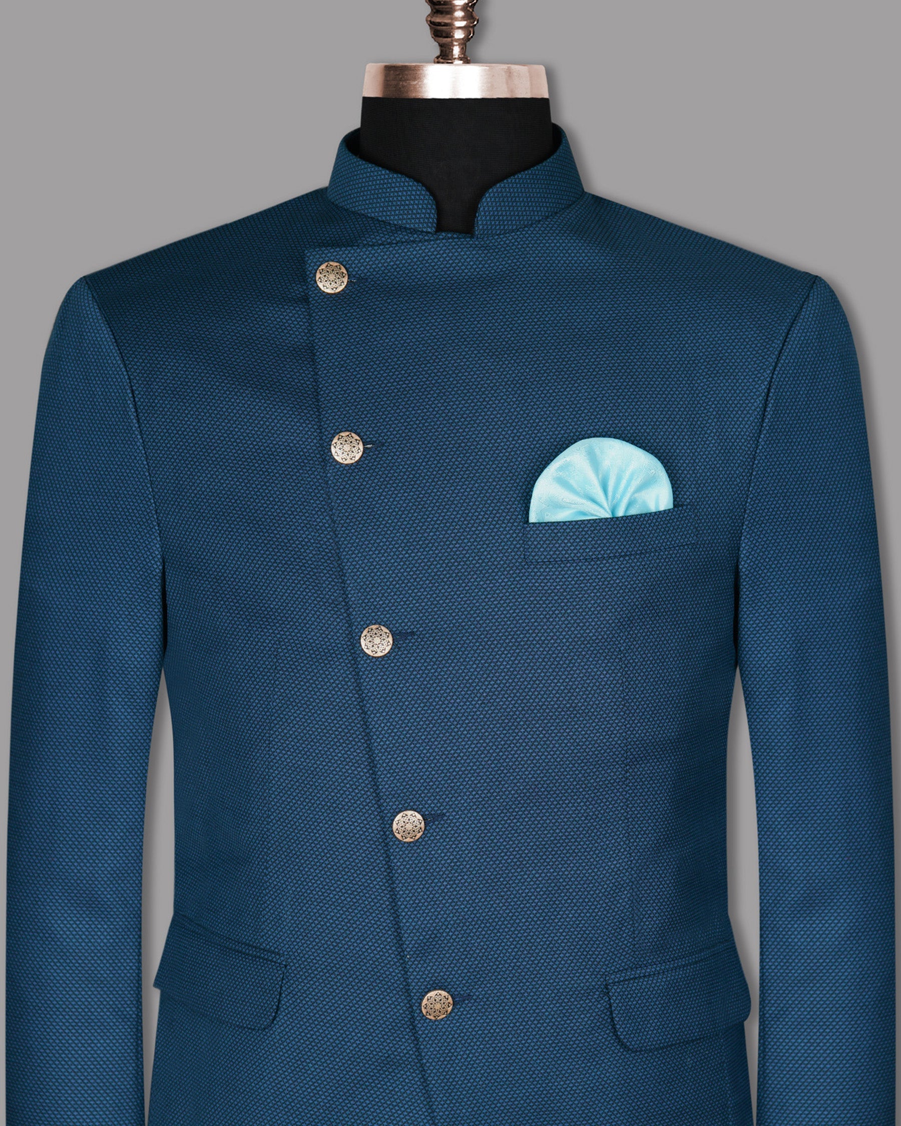 Yale Blue Subtle Diamond Textured Cross Buttoned Bandhgala/Mandarin Wool-Silk blend Blazer BL915-CBG-52, BL915-CBG-36, BL915-CBG-38, BL915-CBG-54, BL915-CBG-60, BL915-CBG-42, BL915-CBG-44, BL915-CBG-56, BL915-CBG-58, BL915-CBG-40, BL915-CBG-46, BL915-CBG-48, BL915-CBG-50