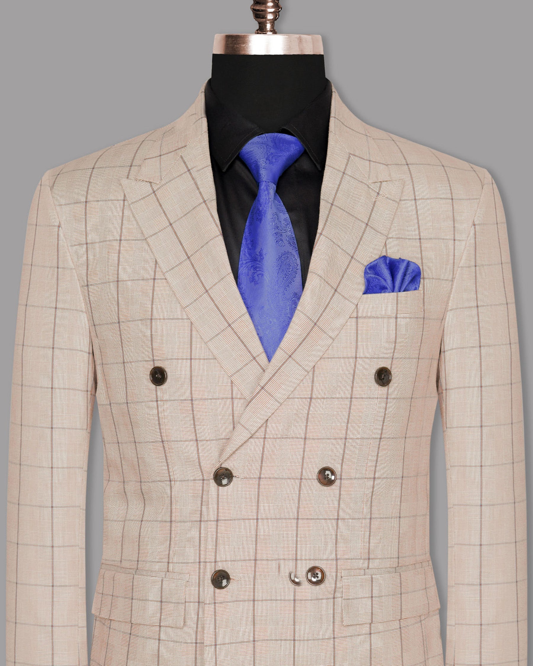 Beige Windowpane Wool Rich Double Breasted Blazer BL931-DB-56, BL931-DB-38, BL931-DB-42, BL931-DB-36, BL931-DB-46, BL931-DB-48, BL931-DB-54, BL931-DB-44, BL931-DB-50, BL931-DB-52, BL931-DB-58, BL931-DB-60, BL931-DB-40