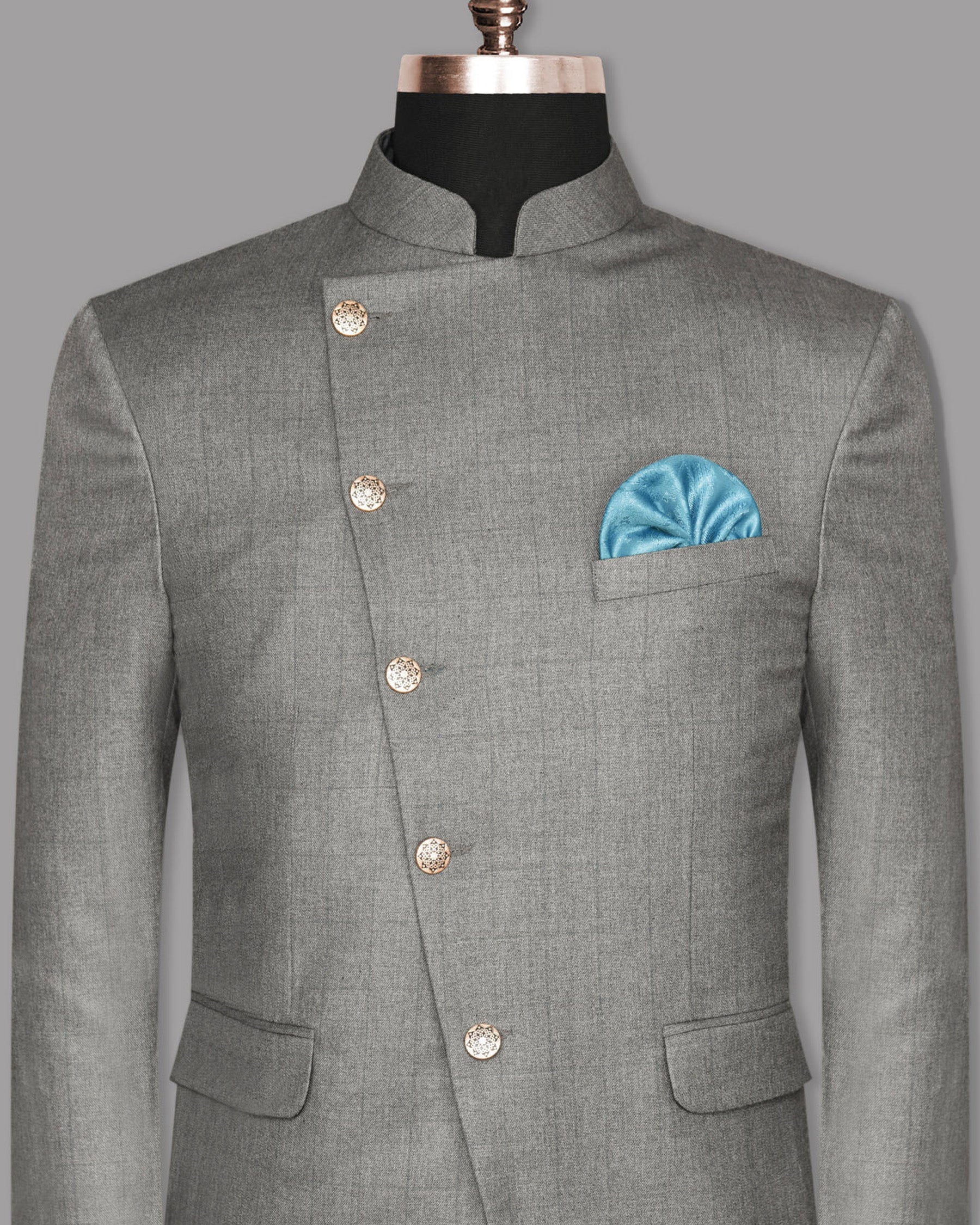 Fog Grey textured Cross Buttoned Bandhgala/Mandarin Wool-Silk blend Blazer BL933-CBG-42, BL933-CBG-48, BL933-CBG-50, BL933-CBG-52, BL933-CBG-36, BL933-CBG-38, BL933-CBG-40, BL933-CBG-44, BL933-CBG-46, BL933-CBG-54, BL933-CBG-56, BL933-CBG-58, BL933-CBG-60