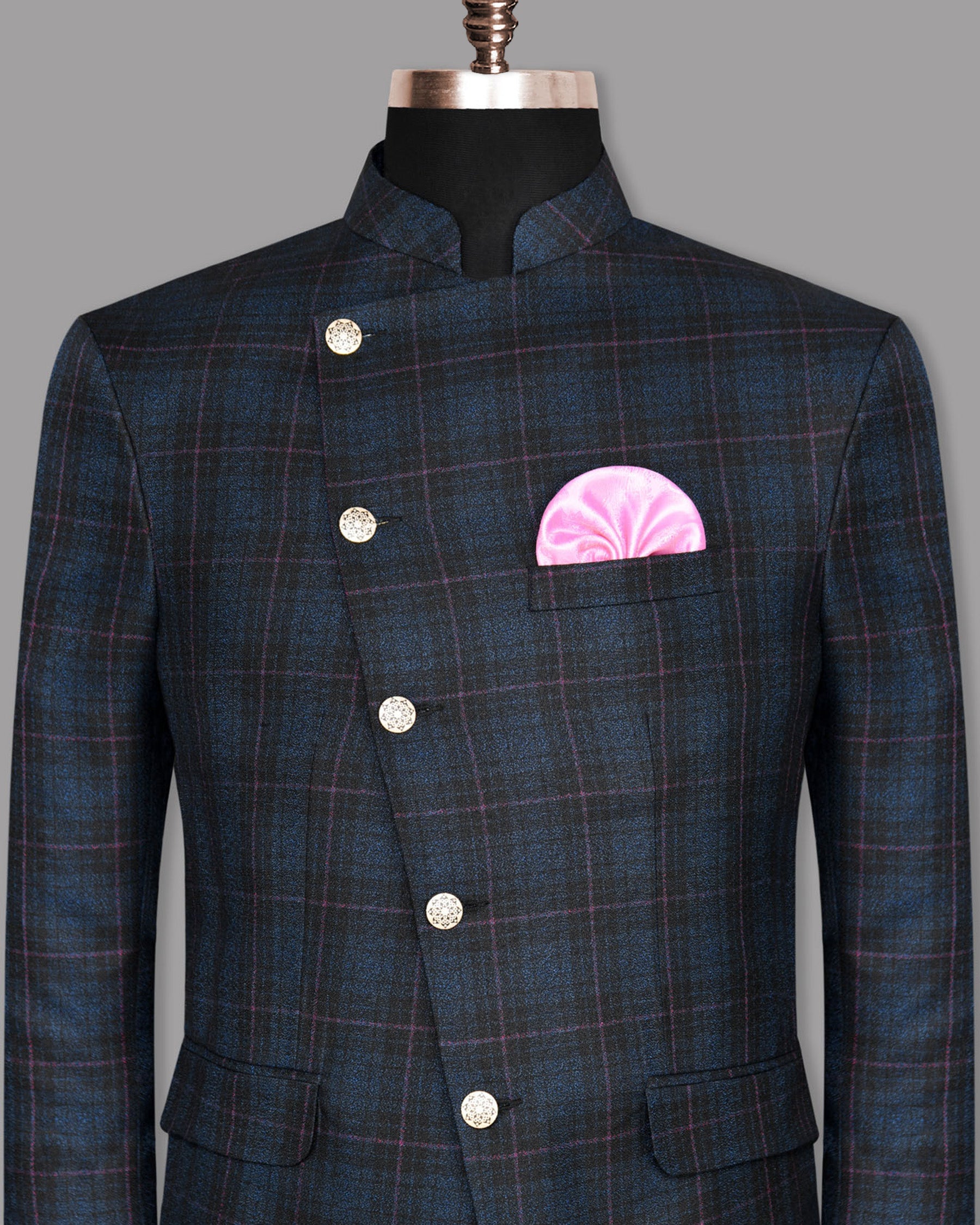 Jade Black with Blue Plaid and red windowpane Cross Buttoned Bandhgala/Mandarin Wool-Silk blend Blazer BL935-CBG-54, BL935-CBG-60, BL935-CBG-48, BL935-CBG-52, BL935-CBG-44, BL935-CBG-46, BL935-CBG-50, BL935-CBG-42, BL935-CBG-58, BL935-CBG-36, BL935-CBG-38, BL935-CBG-40, BL935-CBG-56