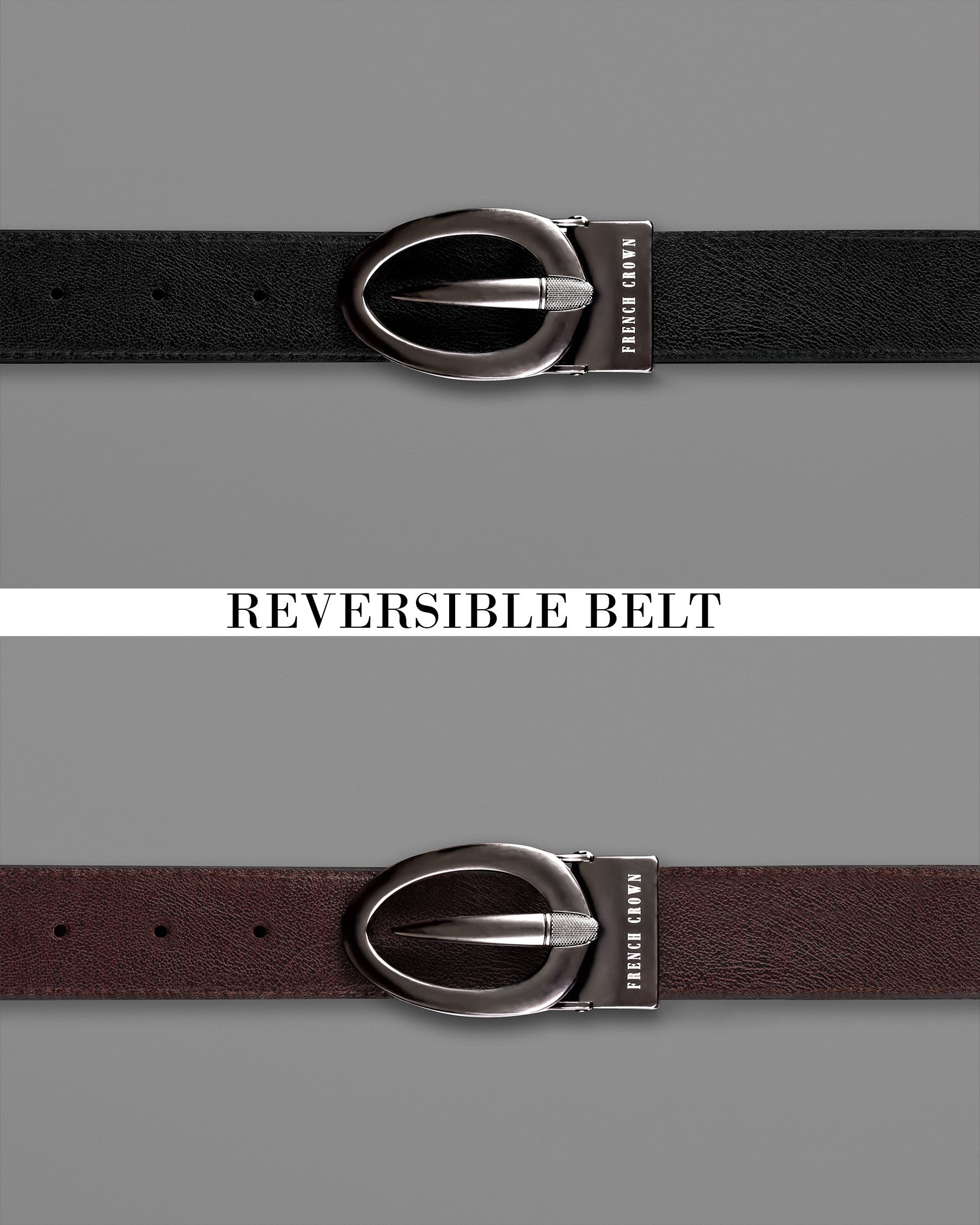 Matt Grey Oval  buckled Reversible jade Black and Brown Slight Textured Vegan Leather Handcrafted Belt BT025-28, BT025-30, BT025-32, BT025-34, BT025-36, BT025-38