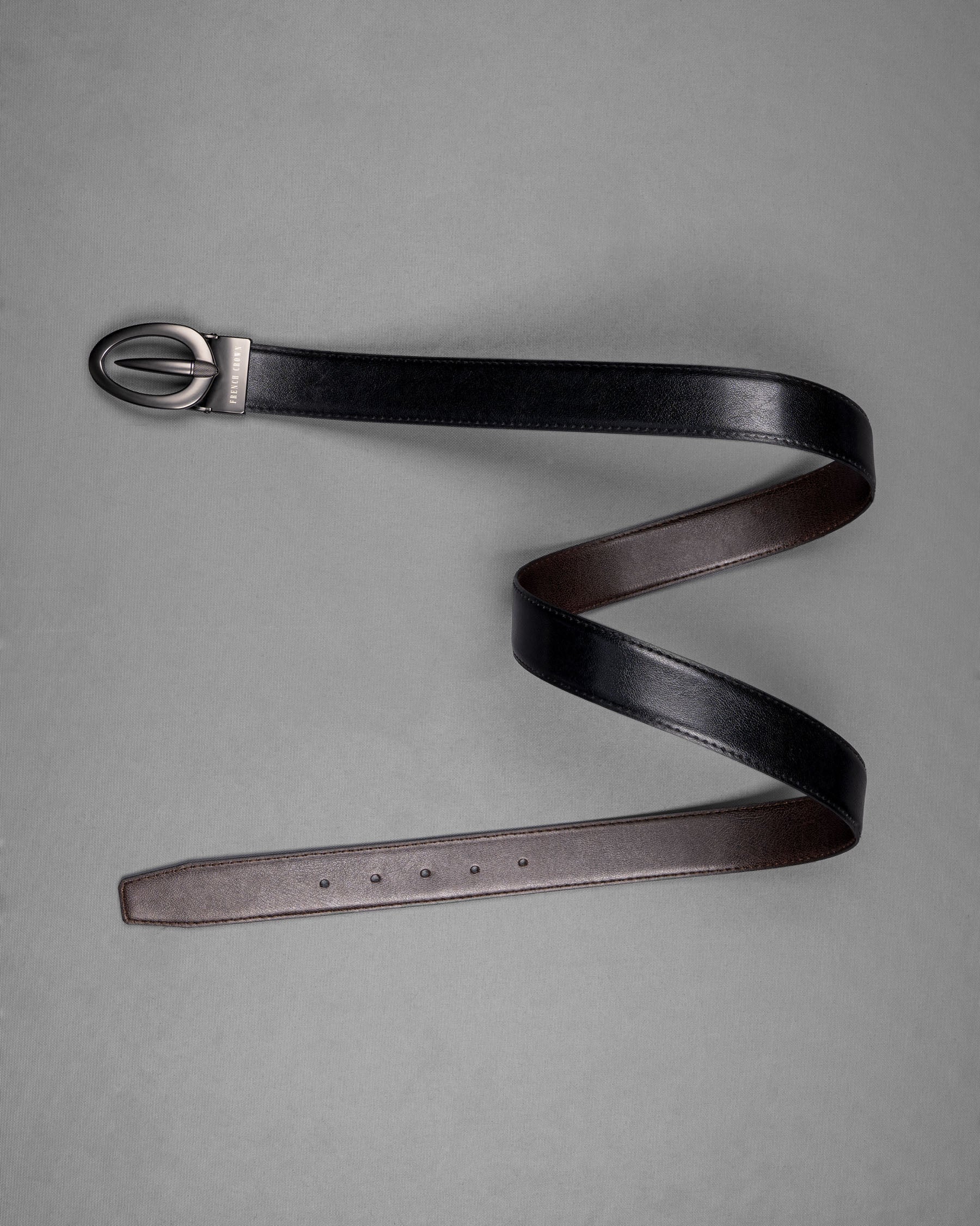 Matt Grey Oval  buckled Reversible jade Black and Brown Slight Textured Vegan Leather Handcrafted Belt BT025-28, BT025-30, BT025-32, BT025-34, BT025-36, BT025-38