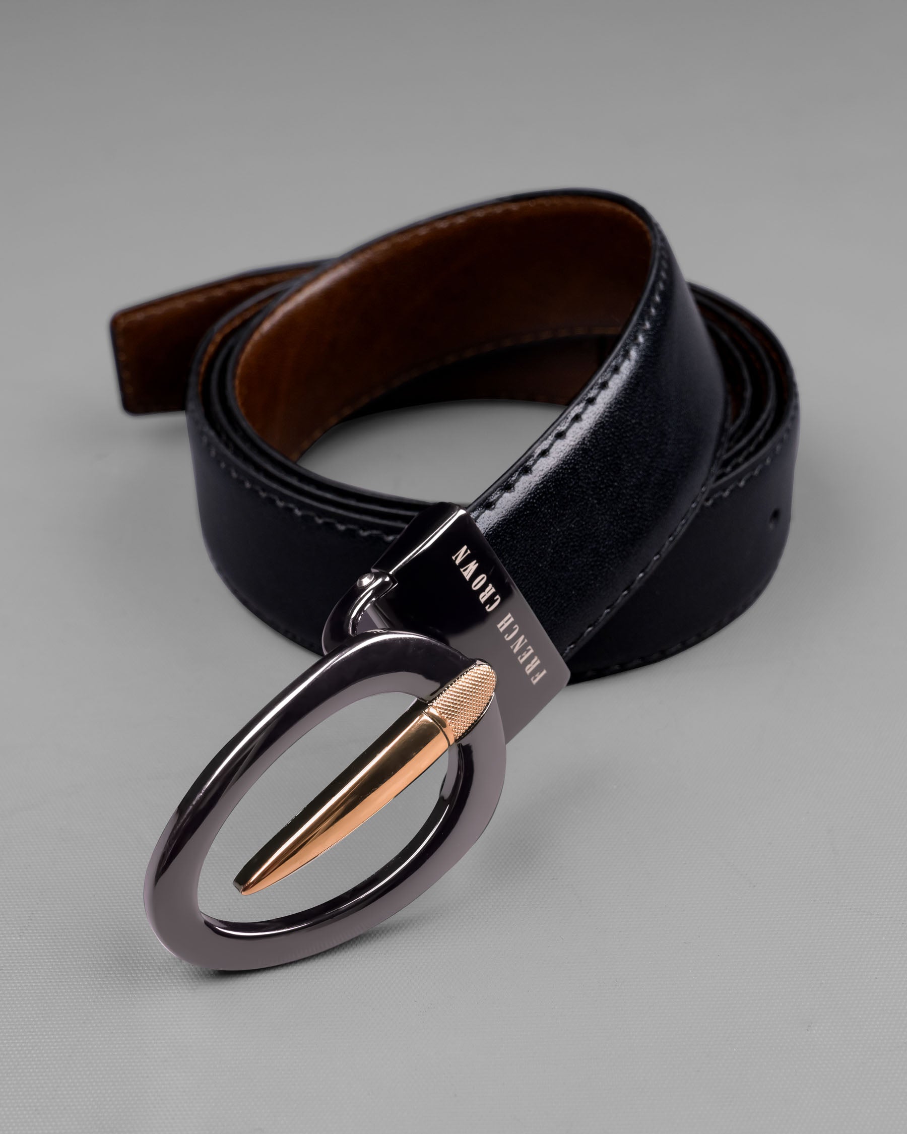 Glossy Grey and Golden Oval buckled Reversible jade Black and tan Slight Textured Vegan Leather Handcrafted Belt BT026-28, BT026-30, BT026-32, BT026-34, BT026-36, BT026-38