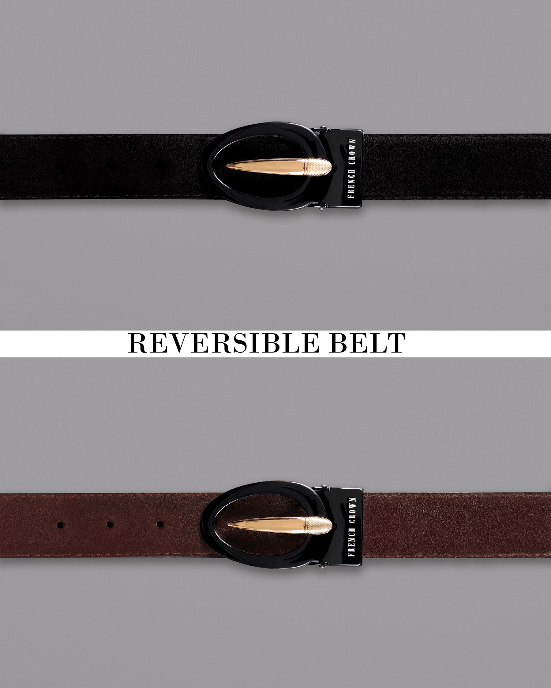 Glossy Black and Golden Oval  buckled Reversible jade Black and Brown Vegan Leather Handcrafted Belt BT029-28, BT029-30, BT029-32, BT029-34, BT029-36, BT029-38