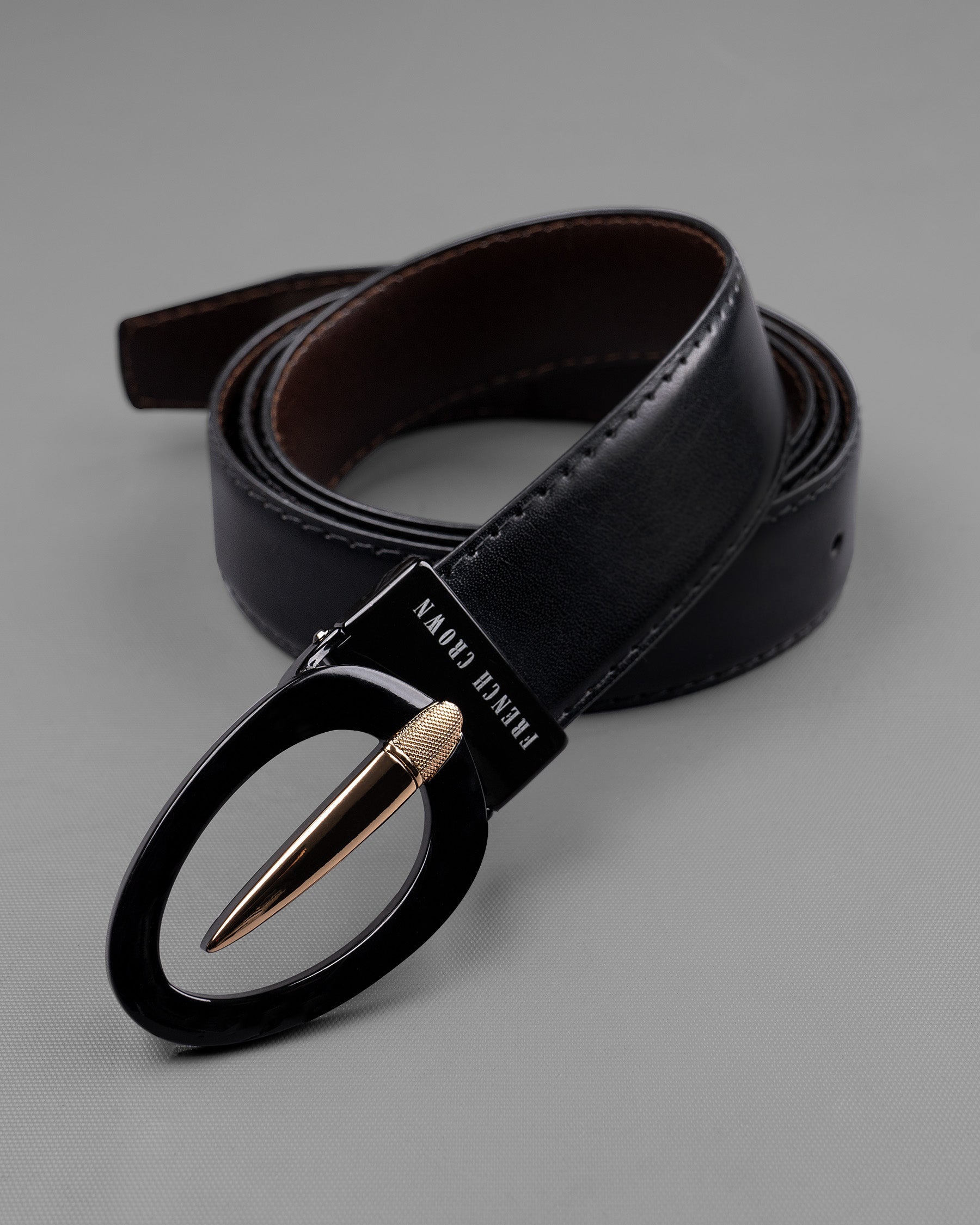 Glossy Black and Golden Oval  buckled Reversible jade Black and Brown Vegan Leather Handcrafted Belt BT029-28, BT029-30, BT029-32, BT029-34, BT029-36, BT029-38