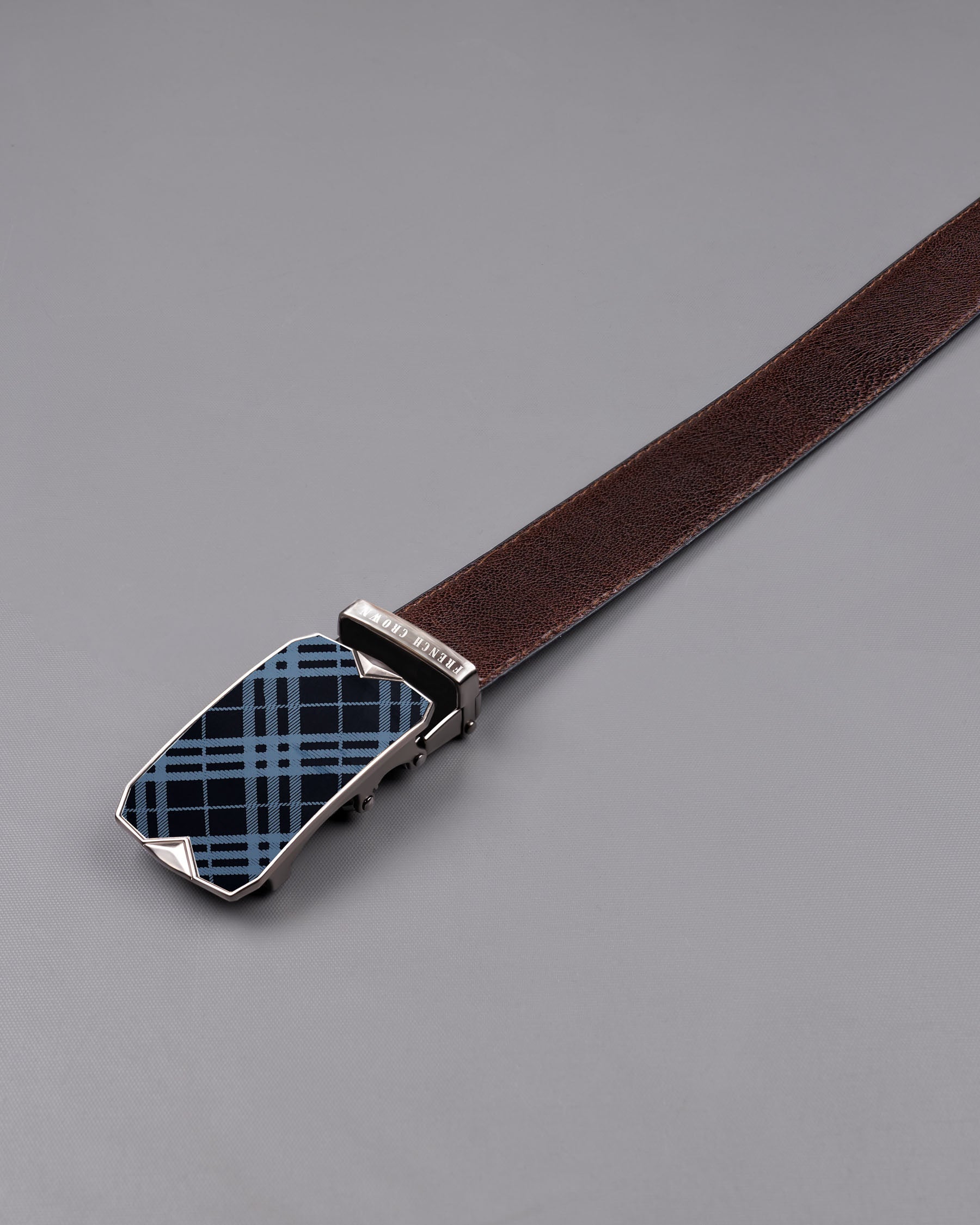 Matt Grey Checkered buckle No hole Reversible jade Black and Brown Vegan Leather Handcrafted Belt BT033-28, BT033-30, BT033-32, BT033-34, BT033-36, BT033-38