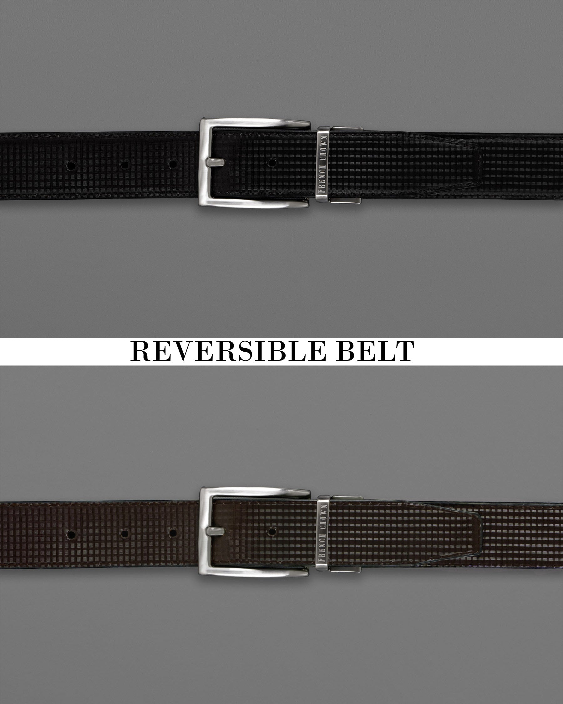 Silver Metallic Shiny Buckle with Jade Black and Dark Brown Leather Free Handcrafted Reversible Belt BT068-28, BT068-30, BT068-32, BT068-34, BT068-36, BT068-38