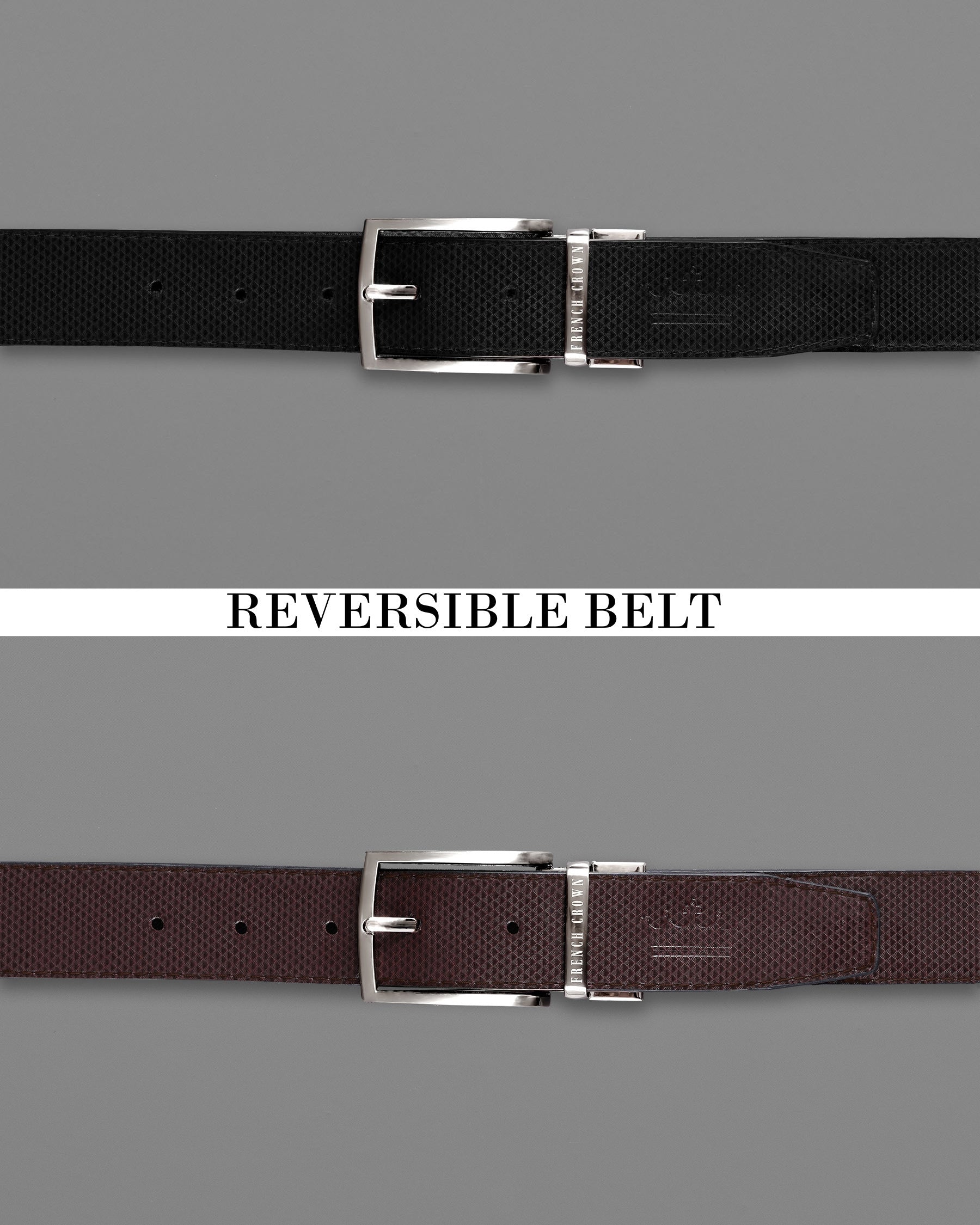 Silver Metallic Shiny Buckle with Jade Black and Brown Leather Free Handcrafted Reversible Belt BT069-28, BT069-30, BT069-32, BT069-34, BT069-36, BT069-38