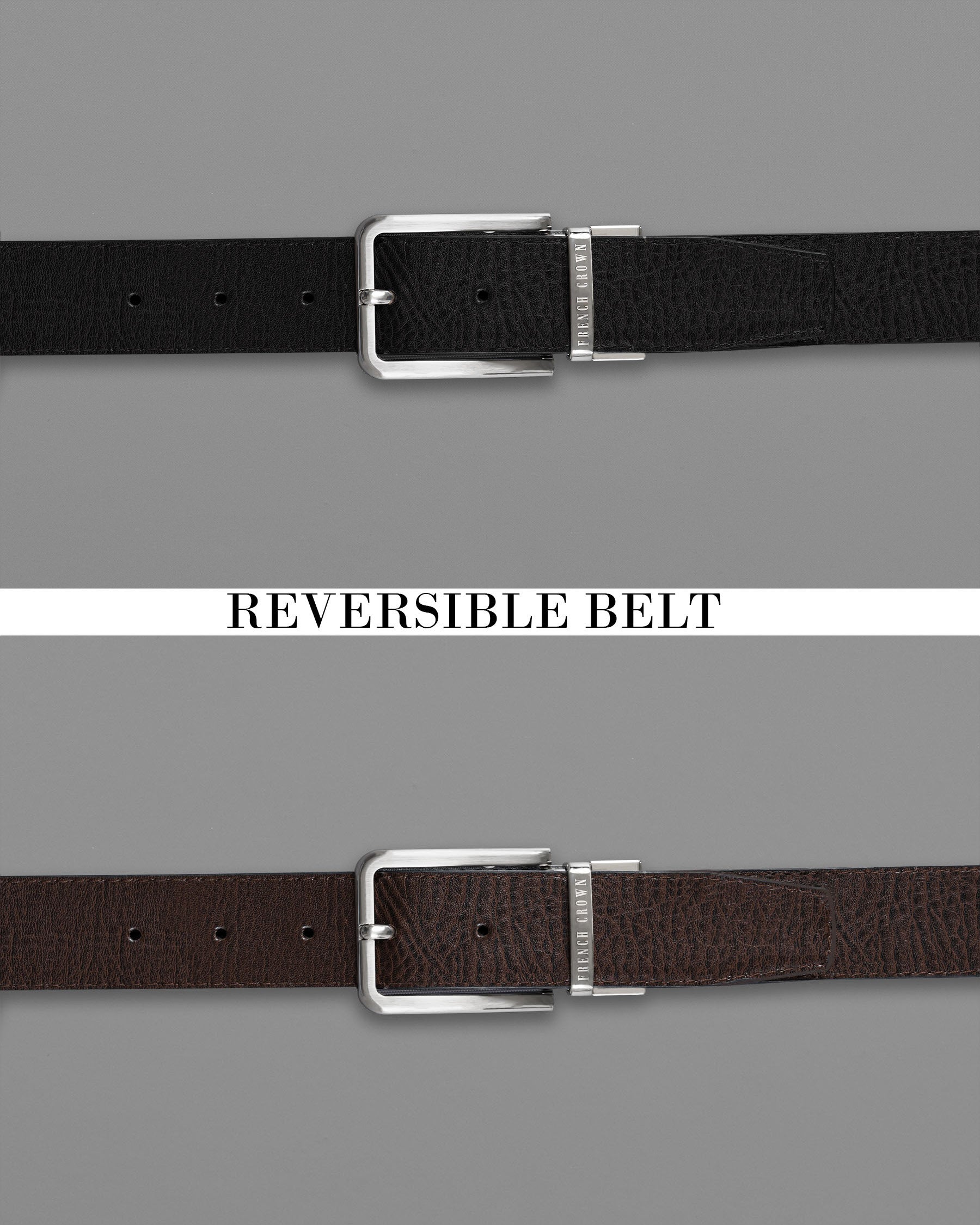 Silver Metallic Shiny Buckle with Jade Black and Dark Brown Leather Free Handcrafted Reversible Belt BT071-28, BT071-30, BT071-32, BT071-34, BT071-36, BT071-38