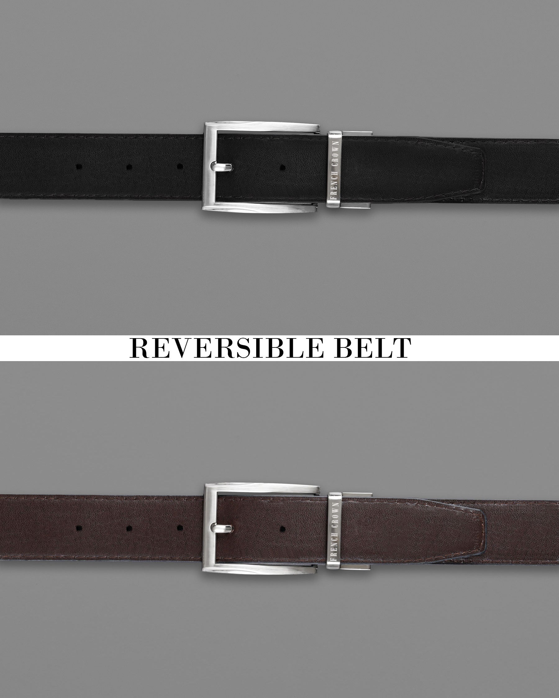 Silver Metallic Shiny Buckle with Jade Black and Brown Leather Free Handcrafted Reversible Belt BT072-28, BT072-30, BT072-32, BT072-34, BT072-36, BT072-38