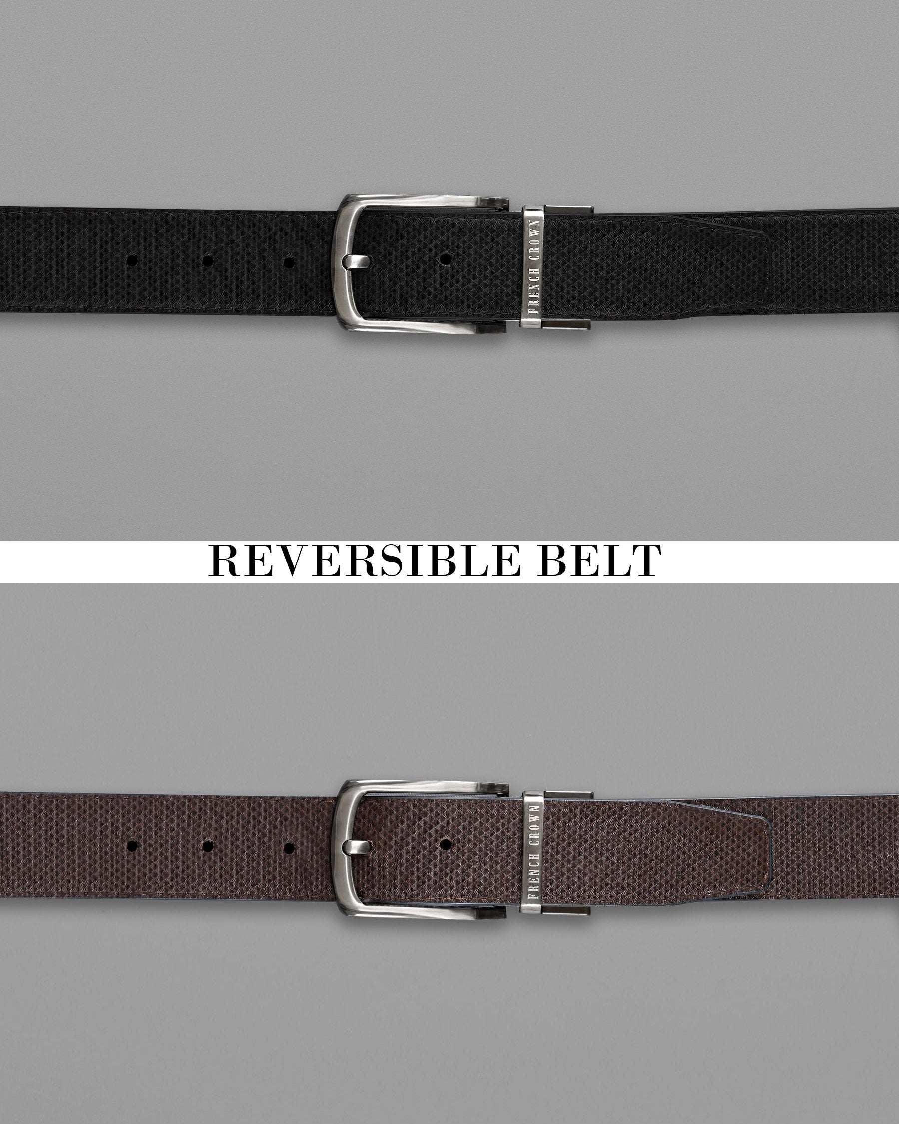 Silver Metallic Shiny Buckle with Jade Black and Brown Leather Free Handcrafted Reversible Belt BT075-28, BT075-30, BT075-32, BT075-34, BT075-36, BT075-38