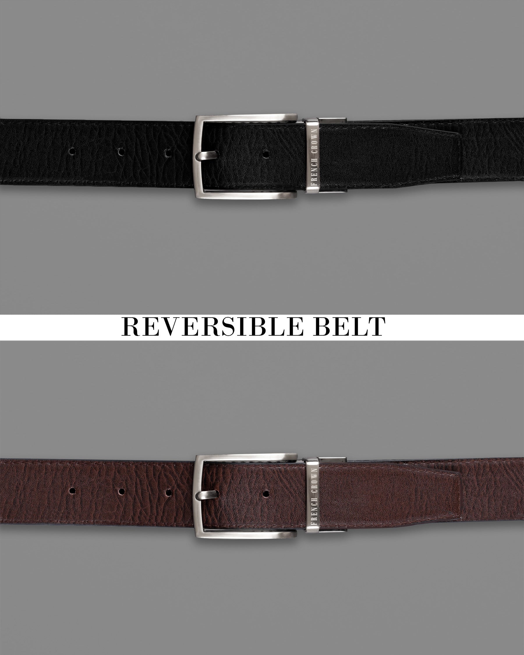 Silver Metallic Shiny Buckle with Jade Black and Brown Leather Free Handcrafted Reversible Belt BT076-28, BT076-30, BT076-32, BT076-34, BT076-36, BT076-38