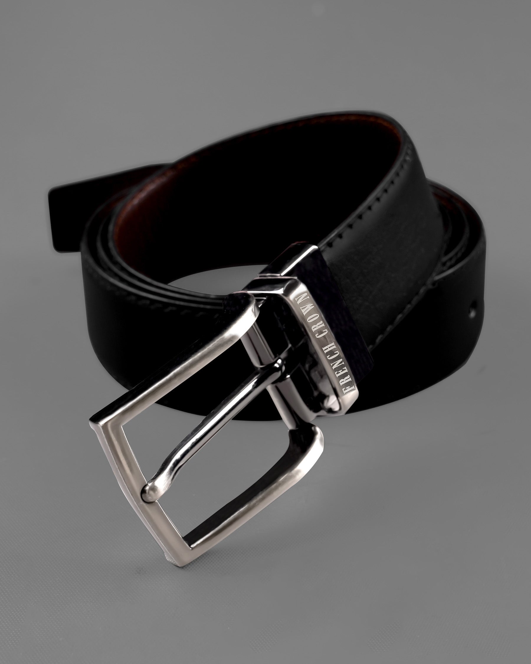 Silver Metallic Shiny Buckle with Jade Black and Brown Leather Free Handcrafted Reversible Belt BT076-28, BT076-30, BT076-32, BT076-34, BT076-36, BT076-38