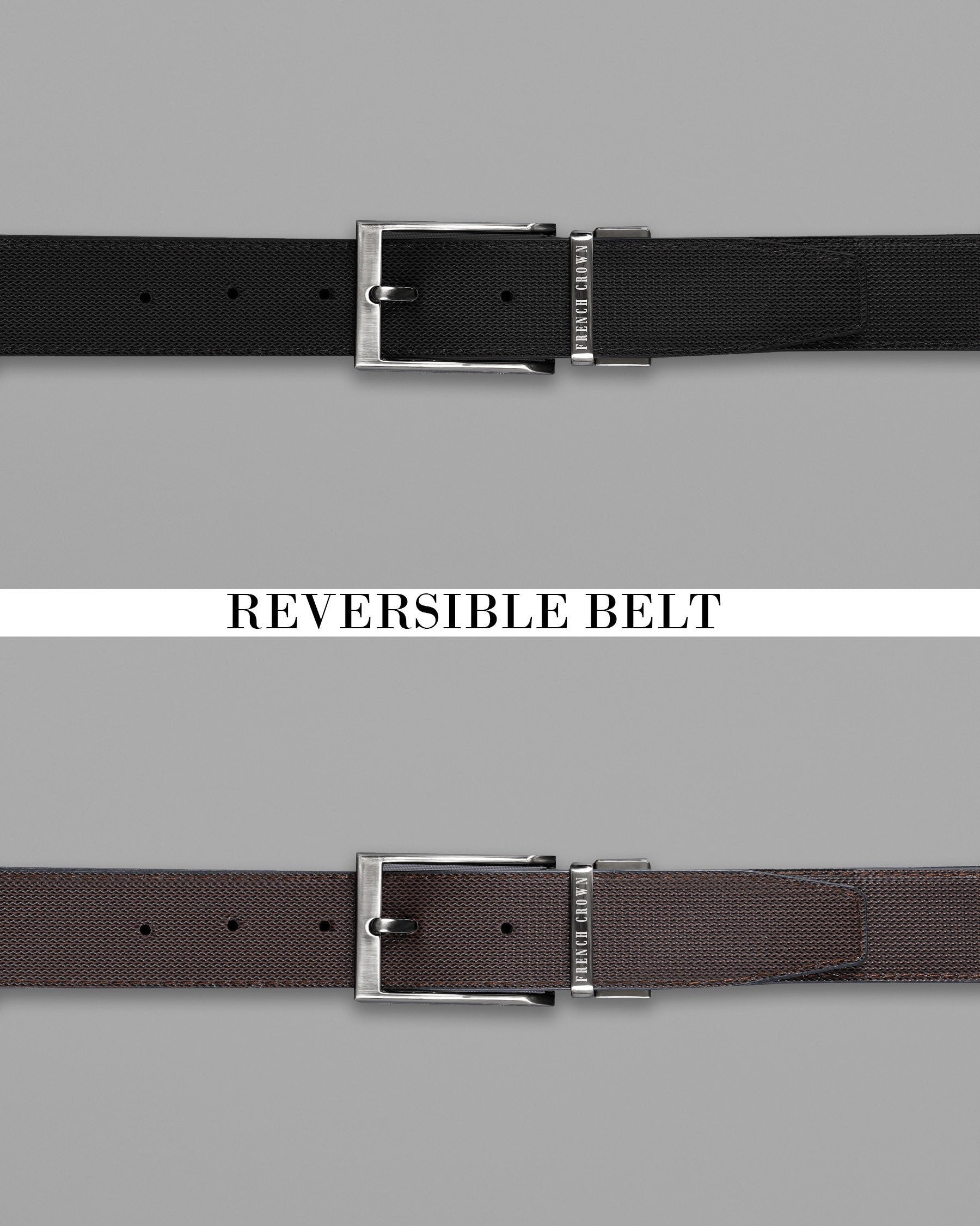 Silver Metallic Shiny Buckle with Jade Black and Brown Leather Free Handcrafted Reversible Belt BT077-28, BT077-30, BT077-32, BT077-34, BT077-36, BT077-38