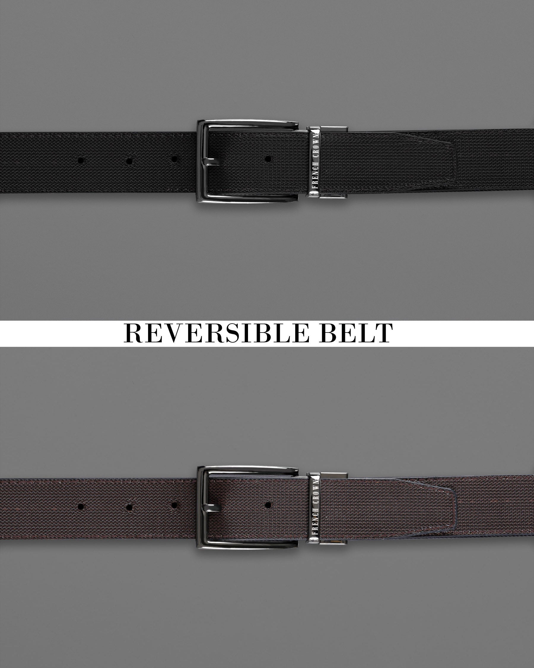 Metallic Gray Buckle with Jade Black and Light Brown Leather Free Handcrafted Reversible Belt BT084-28, BT084-30, BT084-32, BT084-34, BT084-36, BT084-38